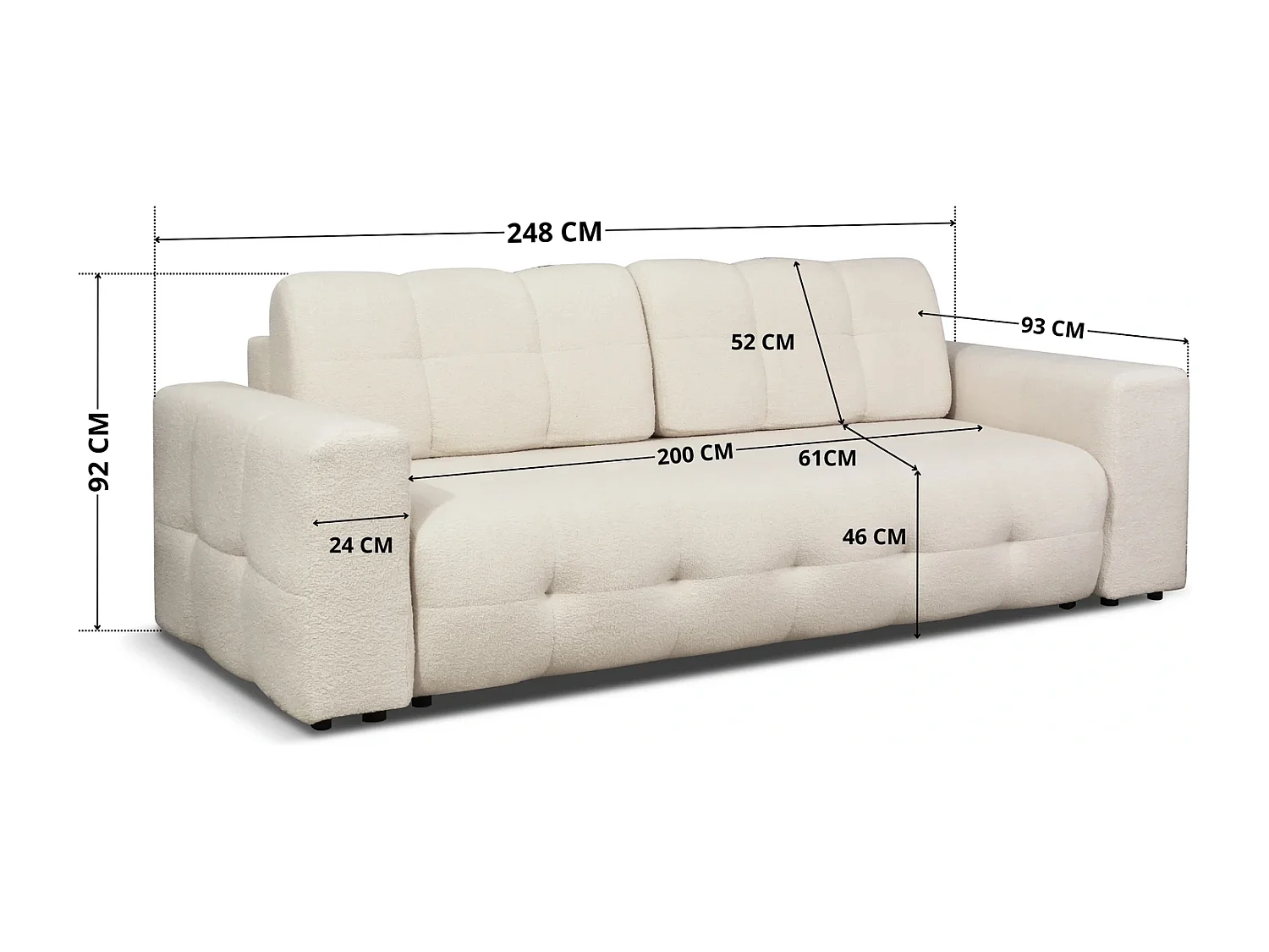 Canapé Convertible Avi - Tissu Bouclé Crème Lambi 1 - Coffre de Rangement