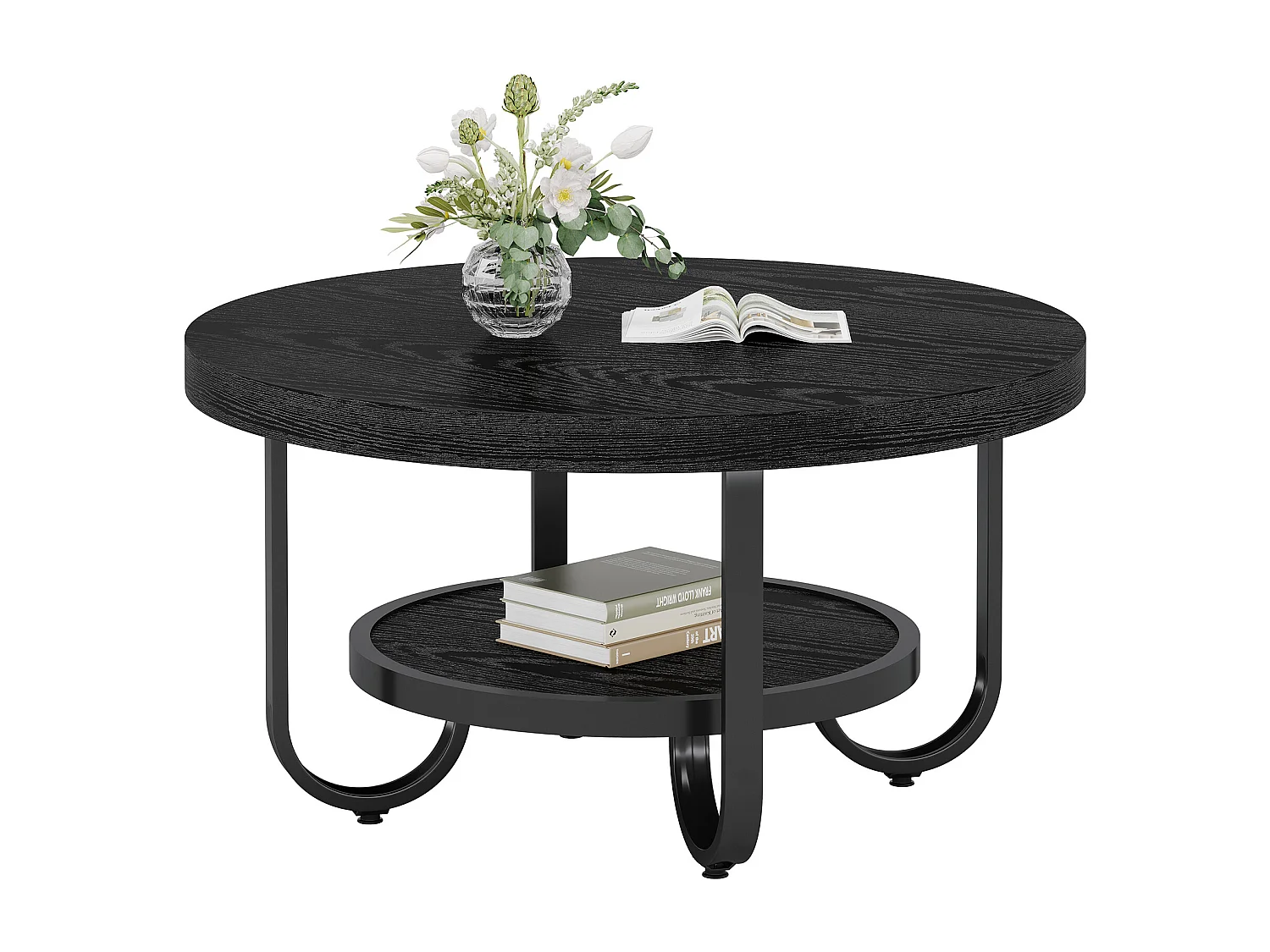 2-Tier-Runder Couchtisch mit Ablagefach für das Wohnzimmer, Schwarz