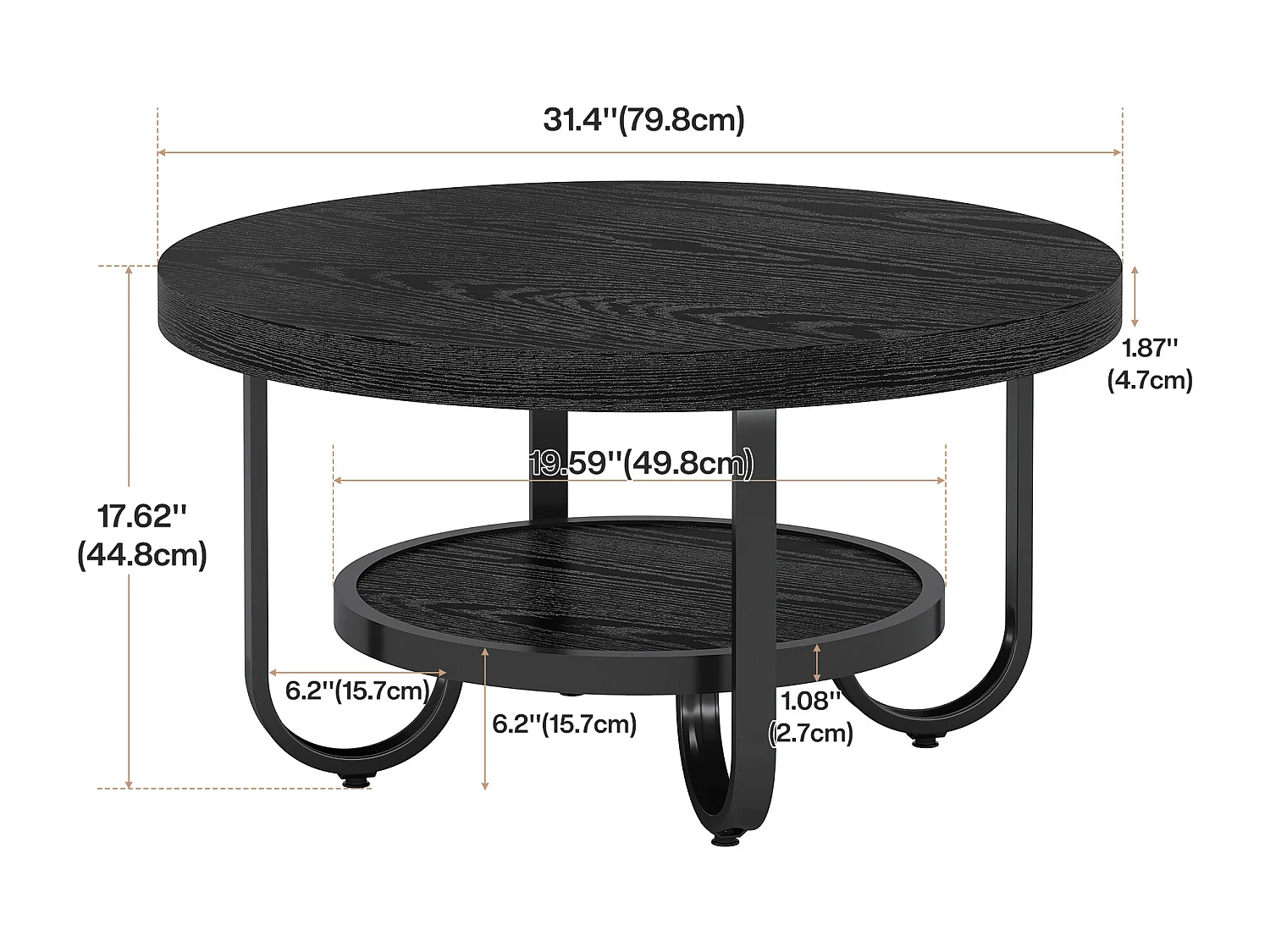 2-Tier-Runder Couchtisch mit Ablagefach für das Wohnzimmer, Schwarz