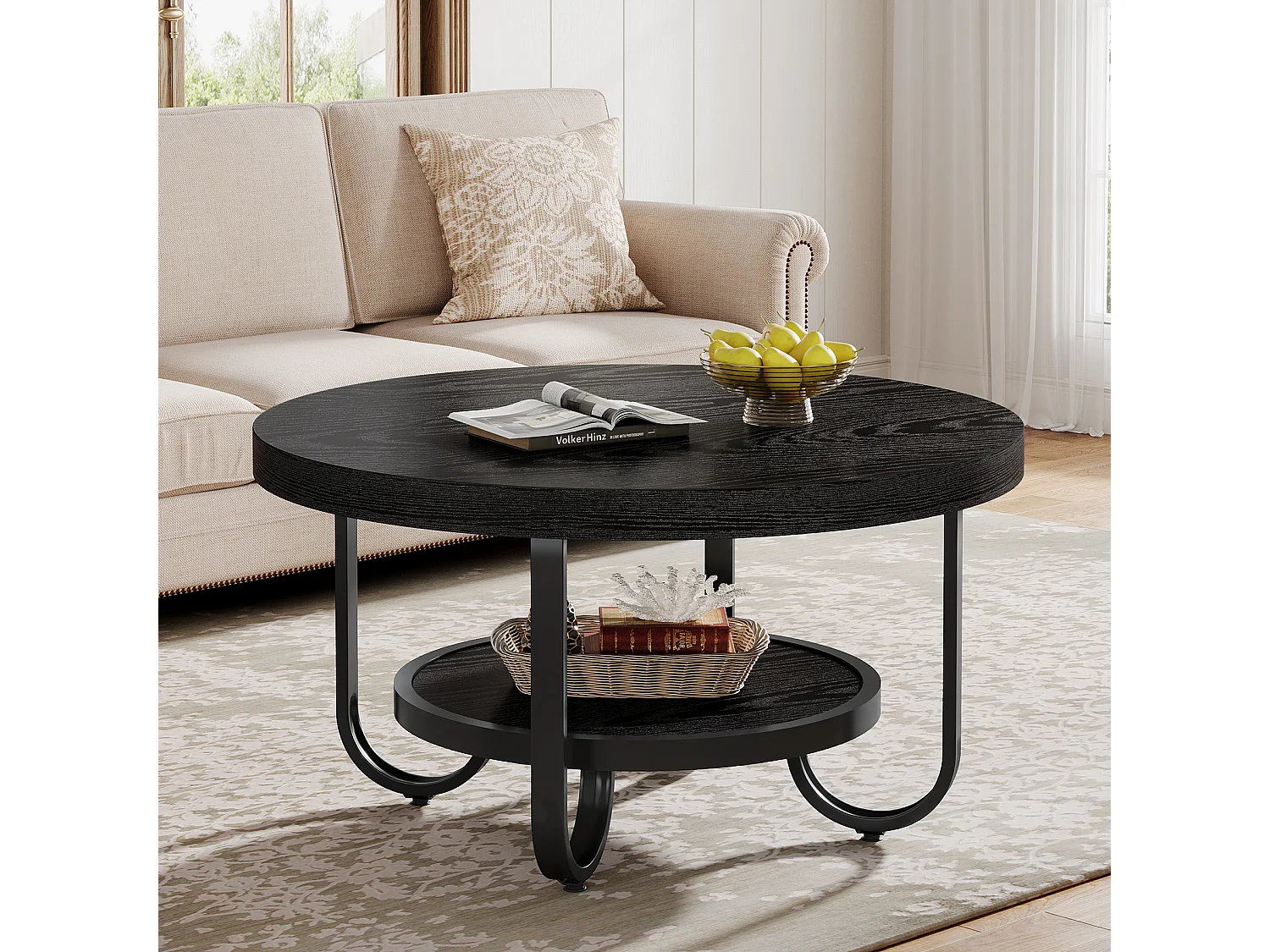 2-Tier-Runder Couchtisch mit Ablagefach für das Wohnzimmer, Schwarz