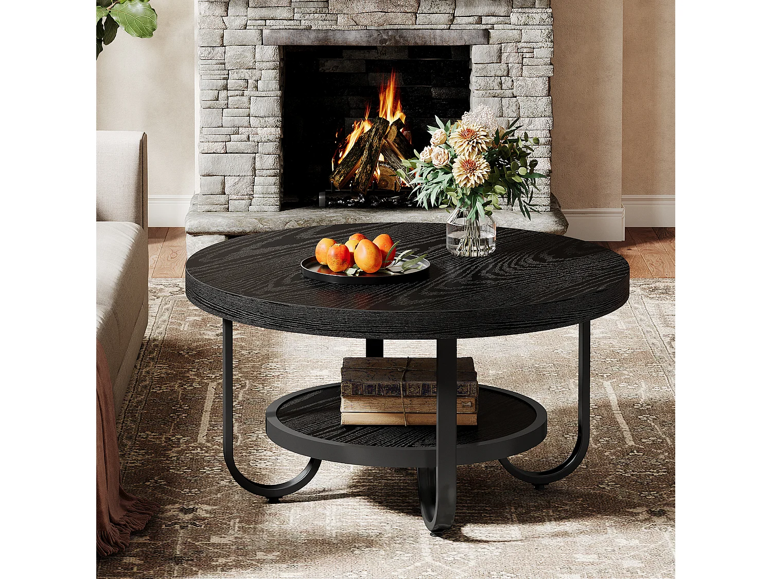 2-Tier-Runder Couchtisch mit Ablagefach für das Wohnzimmer, Schwarz