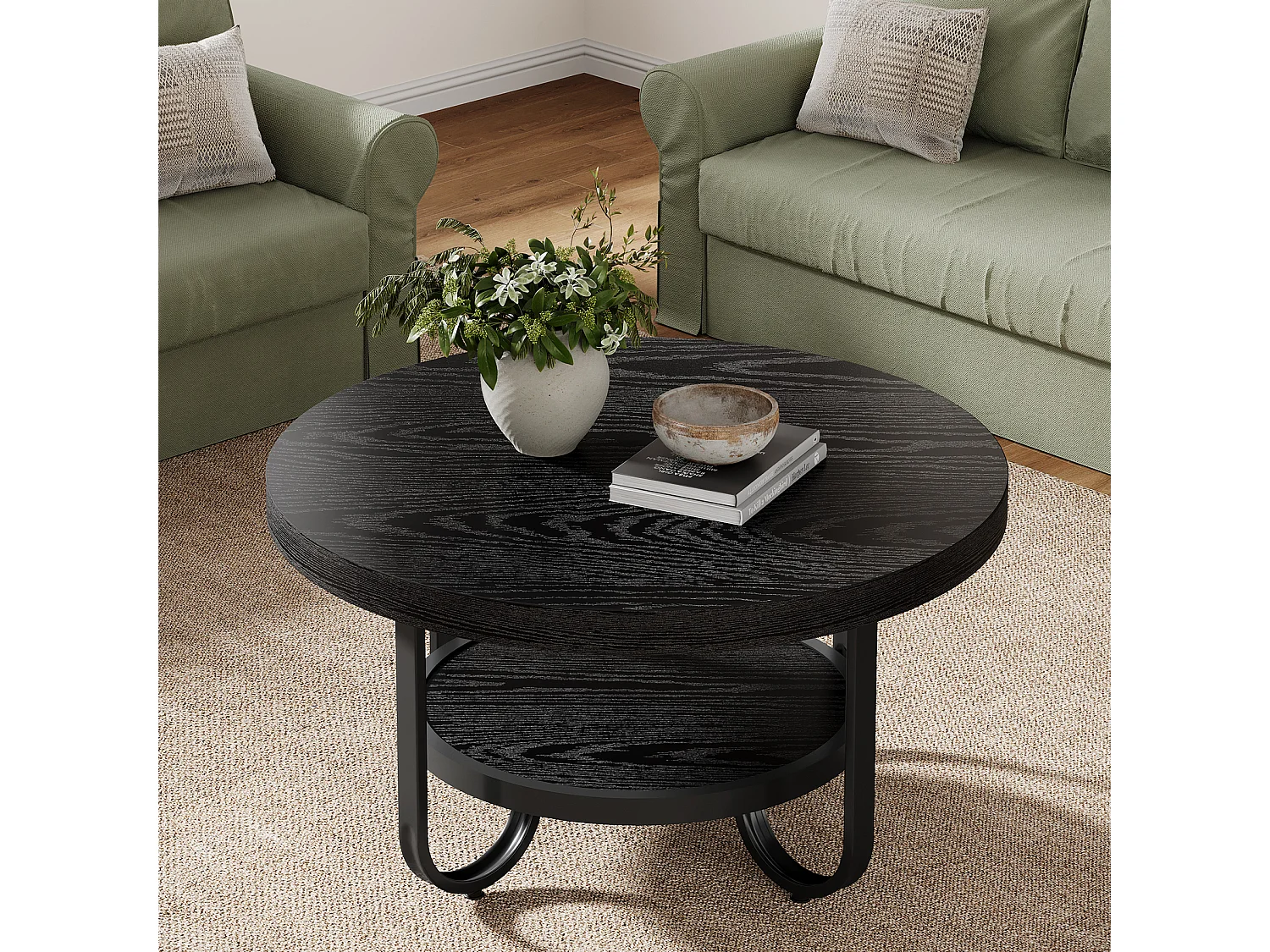 2-Tier-Runder Couchtisch mit Ablagefach für das Wohnzimmer, Schwarz