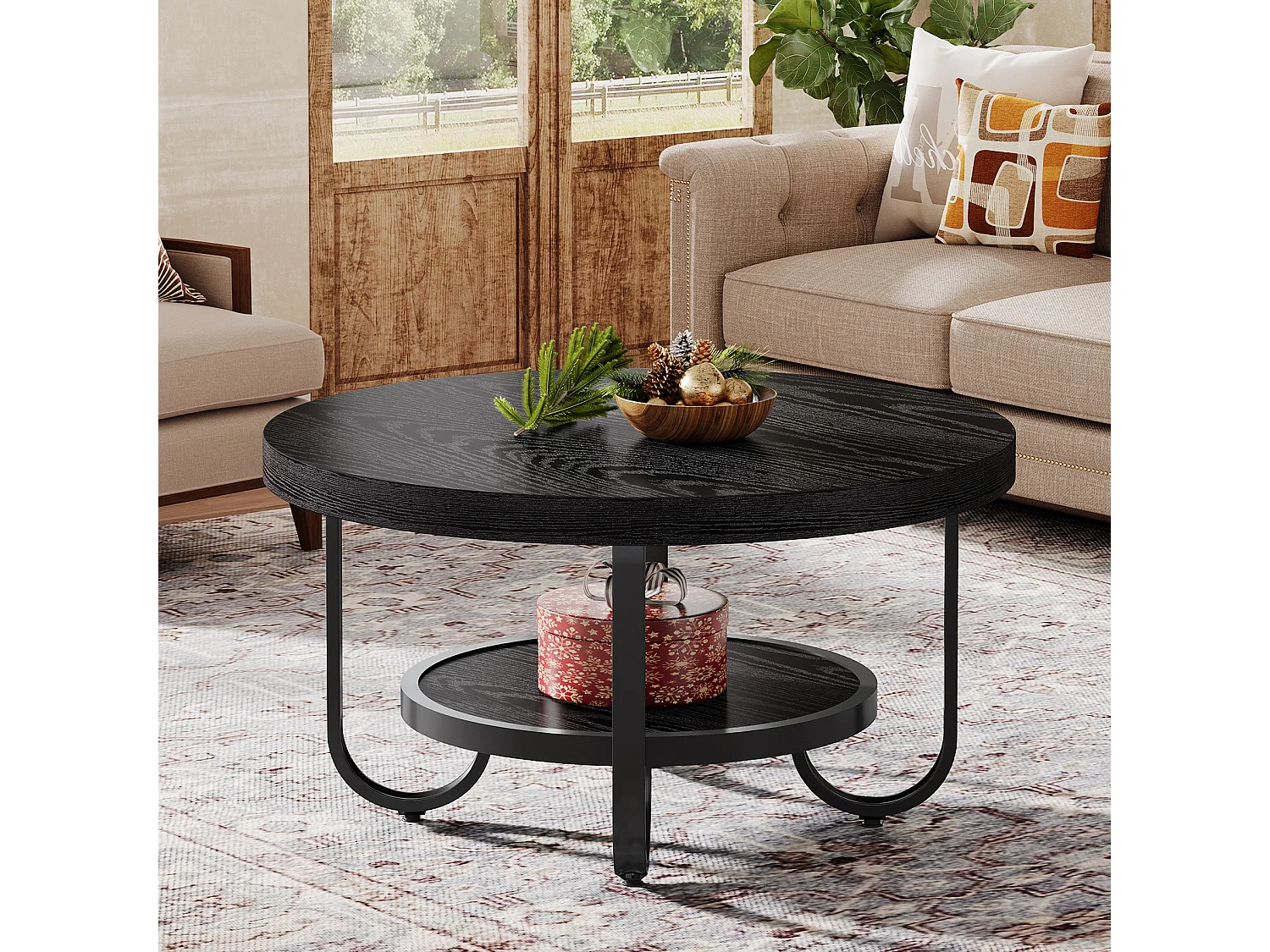 2-Tier-Runder Couchtisch mit Ablagefach für das Wohnzimmer, Schwarz