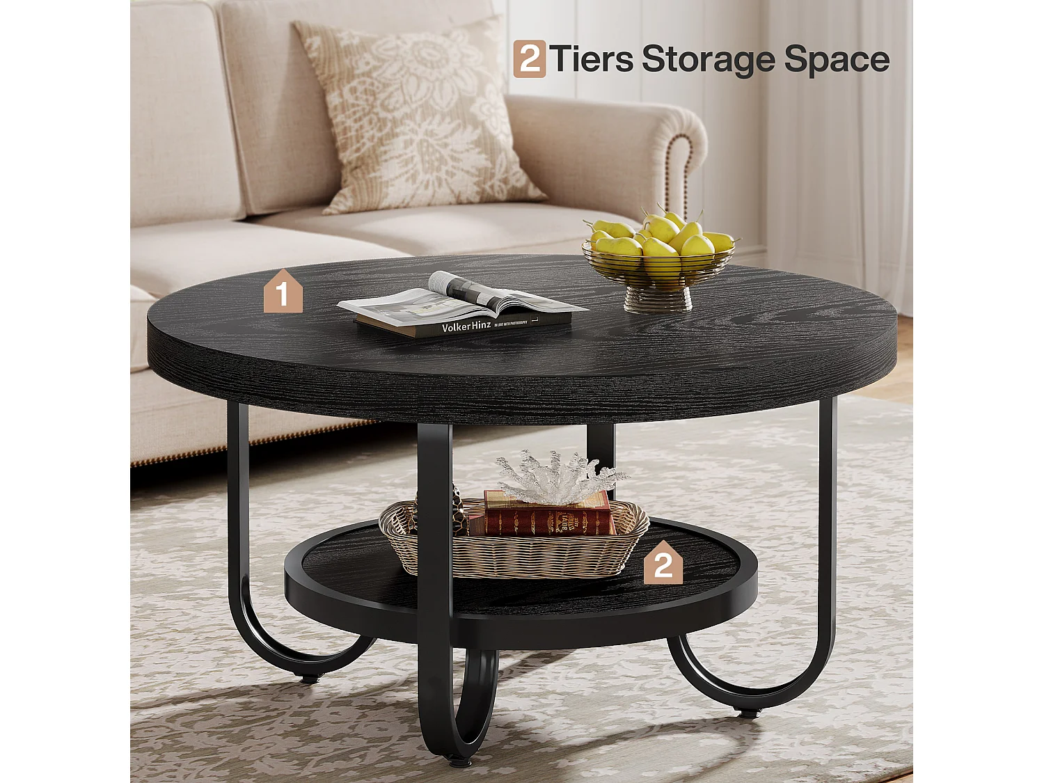 2-Tier-Runder Couchtisch mit Ablagefach für das Wohnzimmer, Schwarz