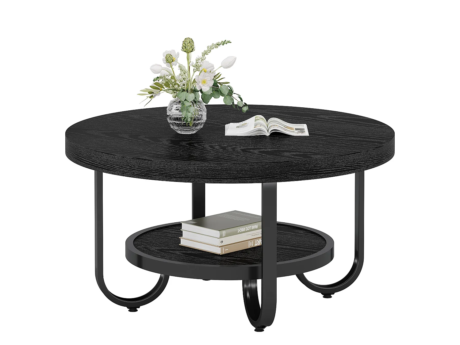 2-Tier-Runder Couchtisch mit Ablagefach für das Wohnzimmer, Schwarz