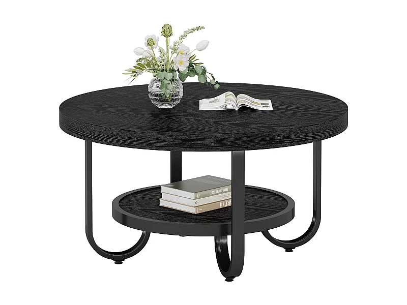 2-Tier-Runder Couchtisch mit Ablagefach für das Wohnzimmer, Schwarz