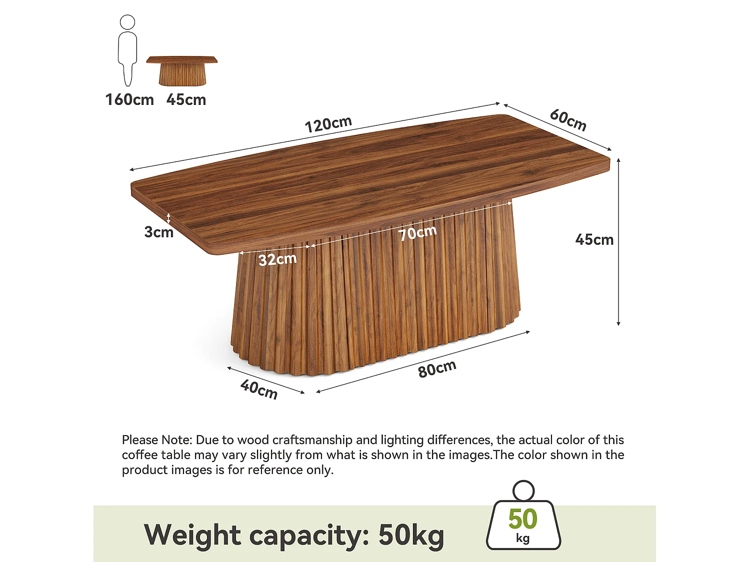 Table basse rectangulaire, table d'appoint de style campagnard de 120 cm avec piètement plissé