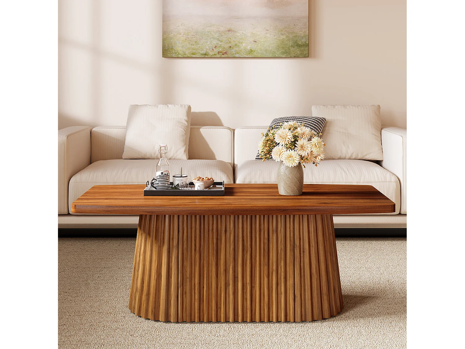 Table basse rectangulaire, table d'appoint de style campagnard de 120 cm avec piètement plissé