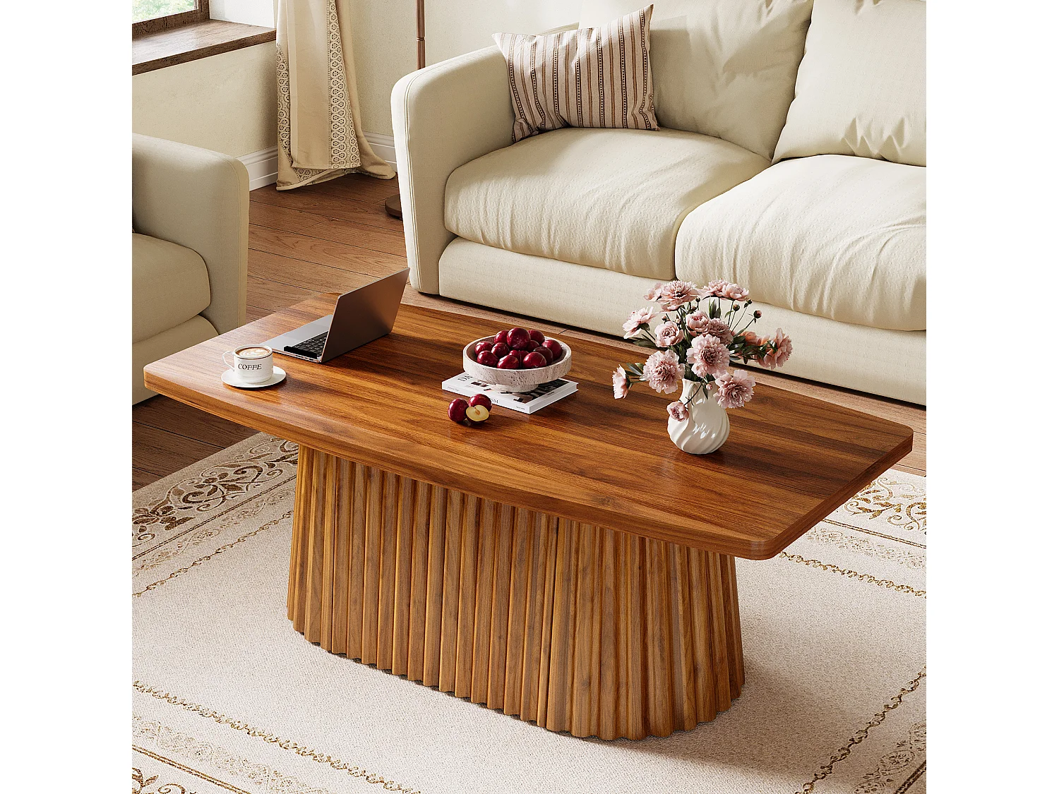 Table basse rectangulaire, table d'appoint de style campagnard de 120 cm avec piètement plissé