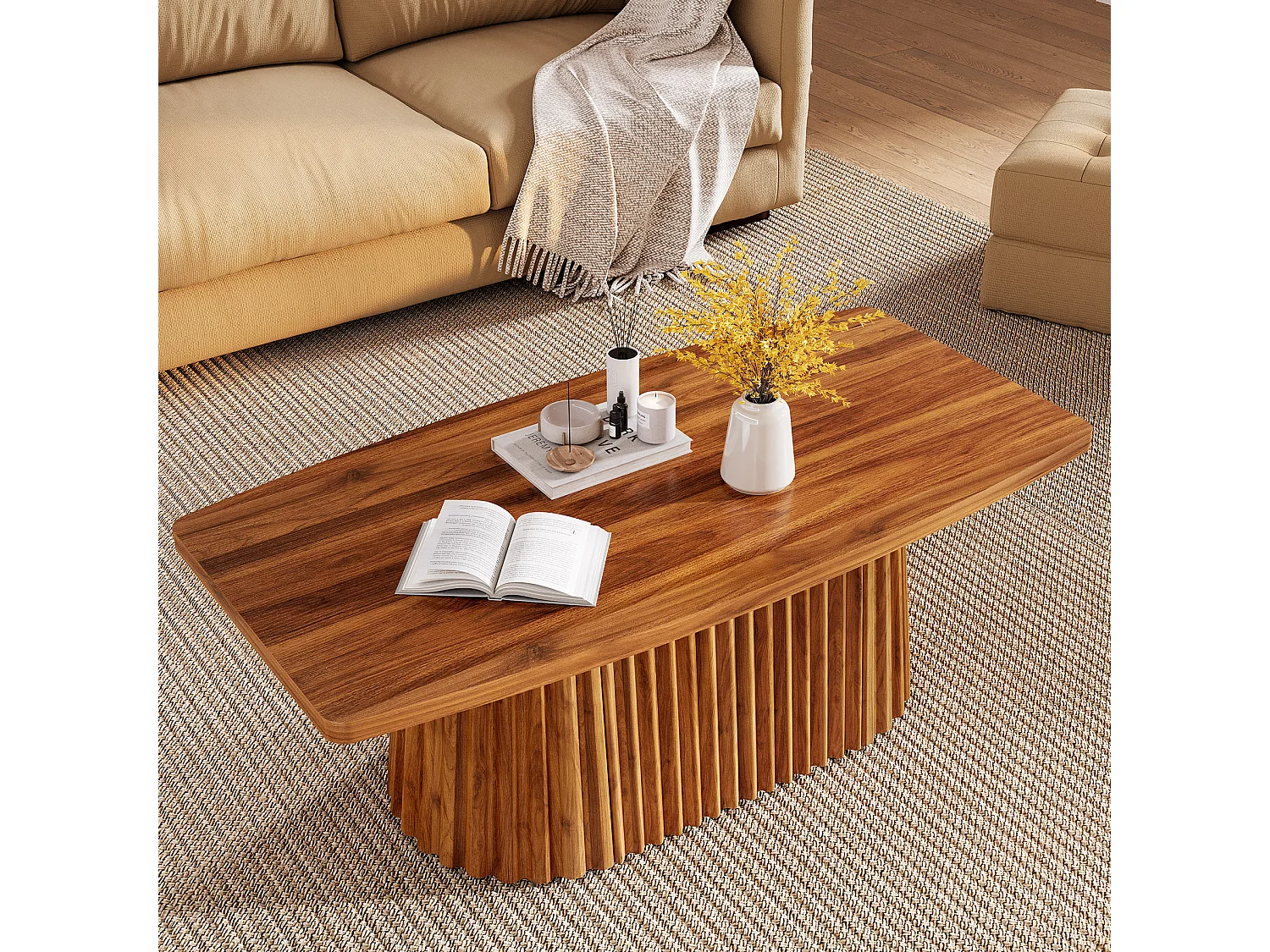 Table basse rectangulaire, table d'appoint de style campagnard de 120 cm avec piètement plissé