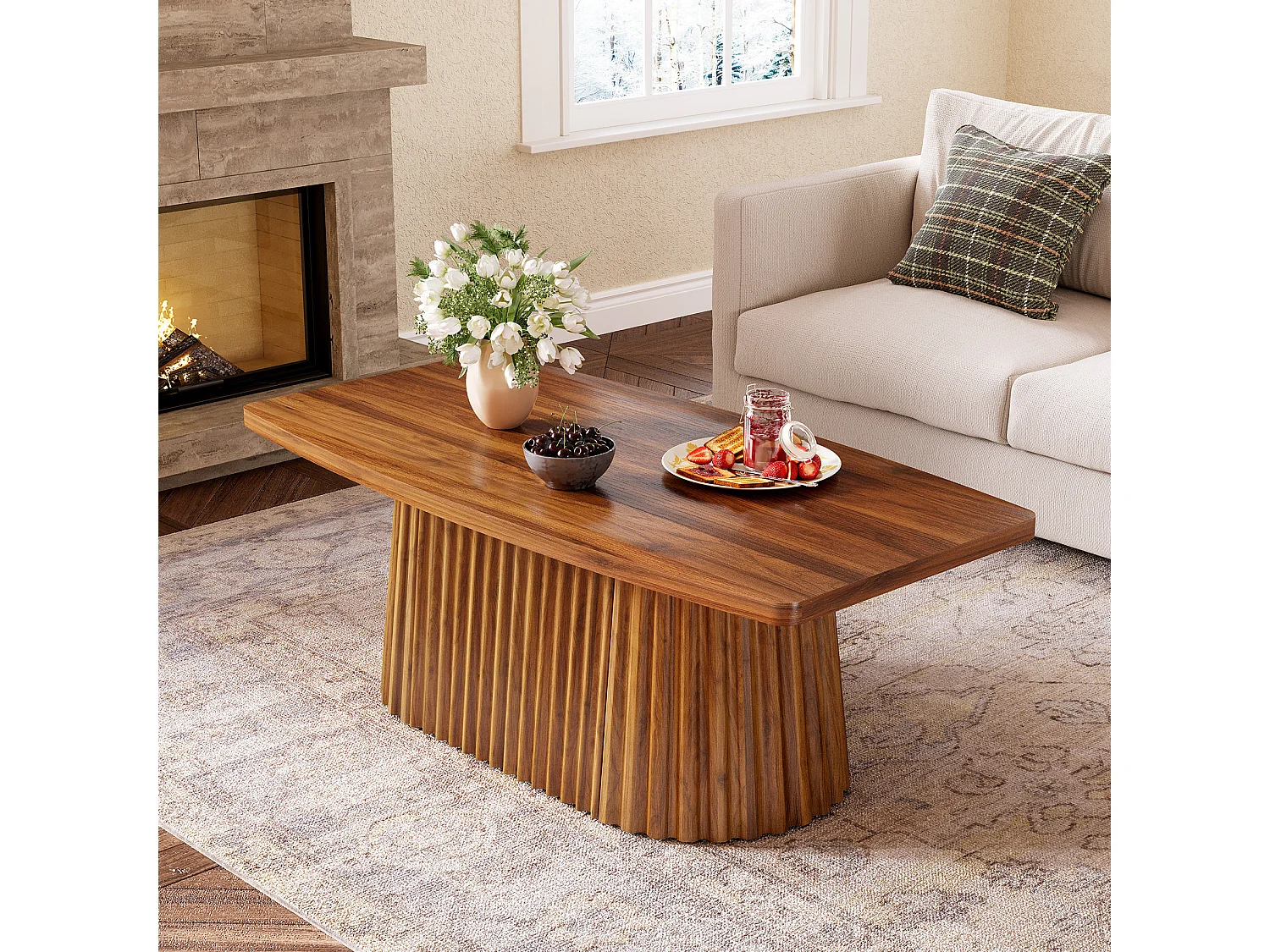 Table basse rectangulaire, table d'appoint de style campagnard de 120 cm avec piètement plissé