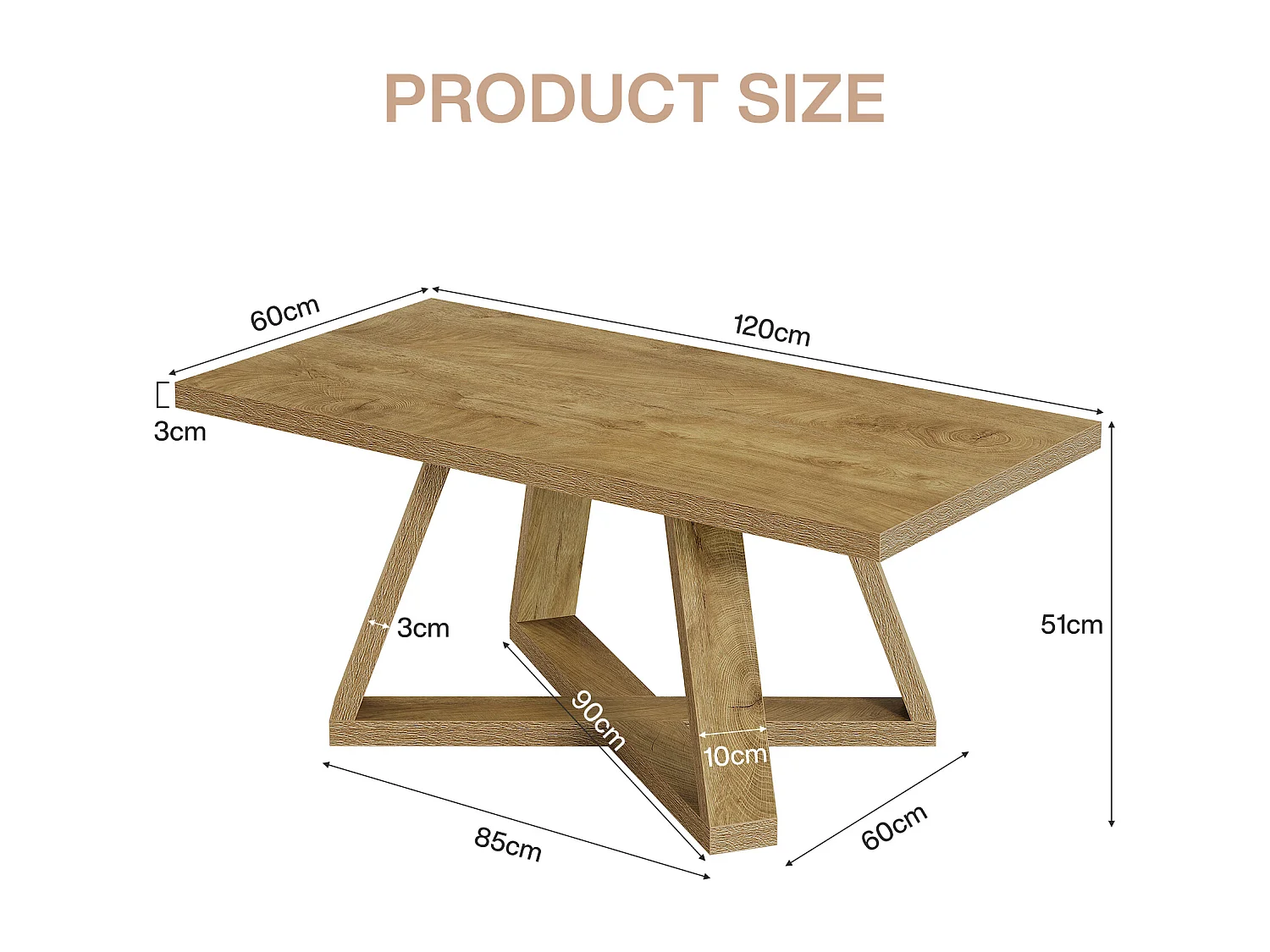 Table basse de salon rectangulaire de style campagnard, 120 cm.