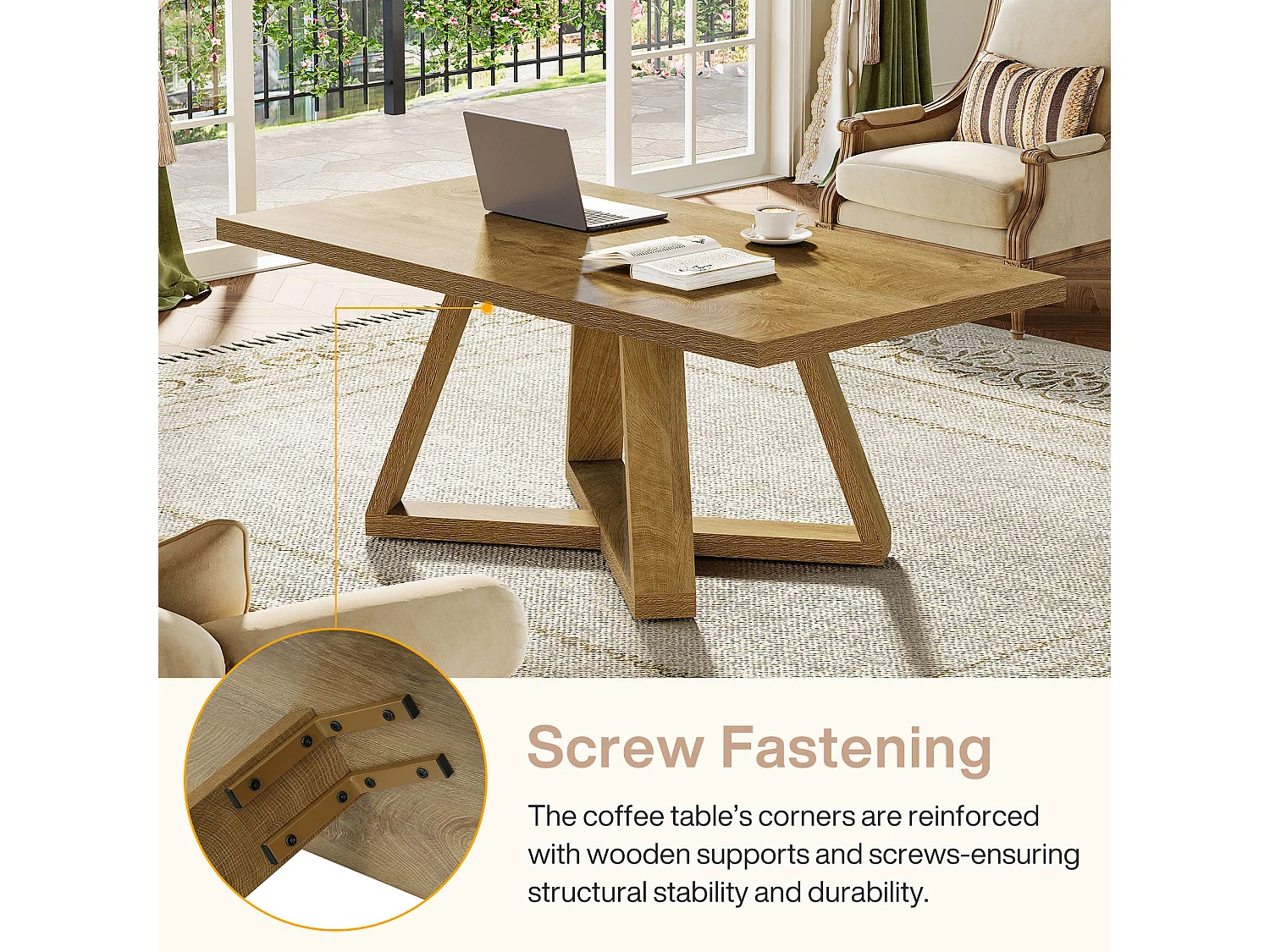 Table basse de salon rectangulaire de style campagnard, 120 cm.