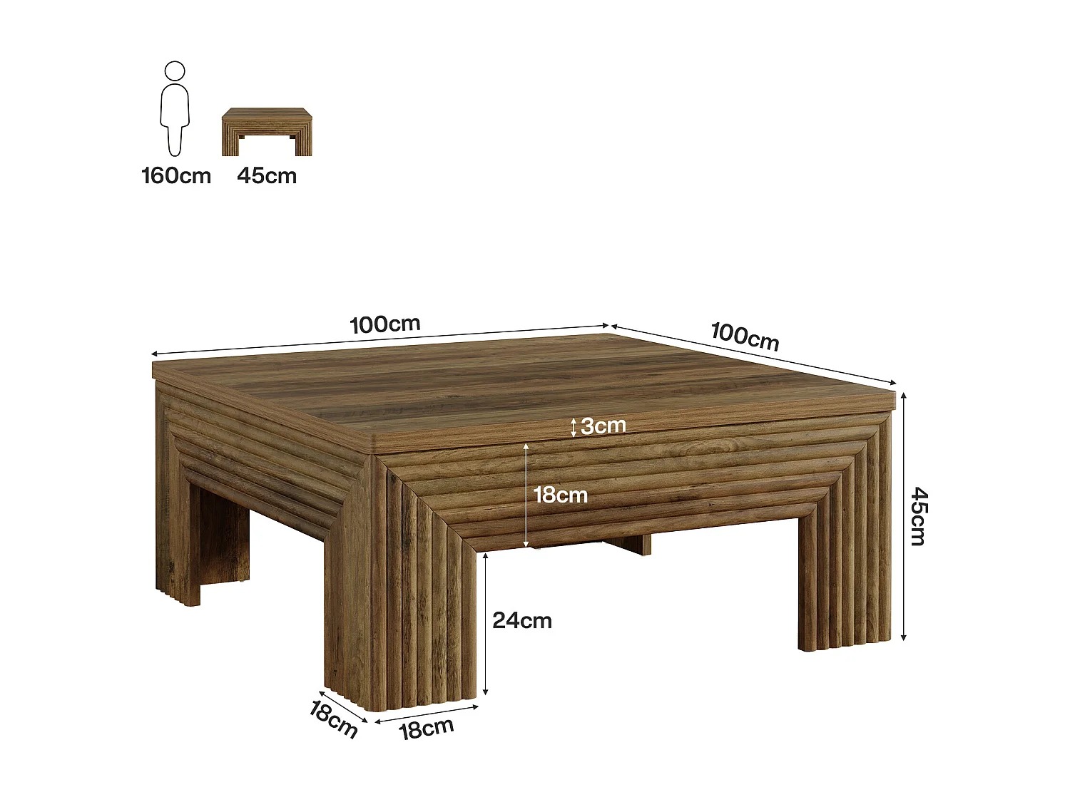 Table basse carrée pour salon, grande table centrale de 100 cm