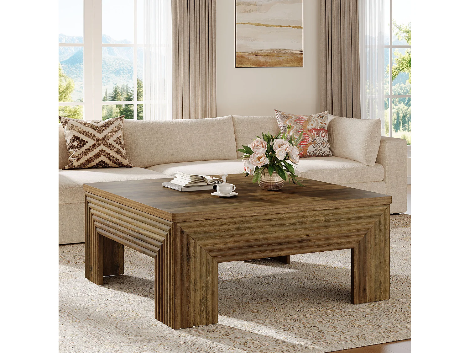 Table basse carrée pour salon, grande table centrale de 100 cm