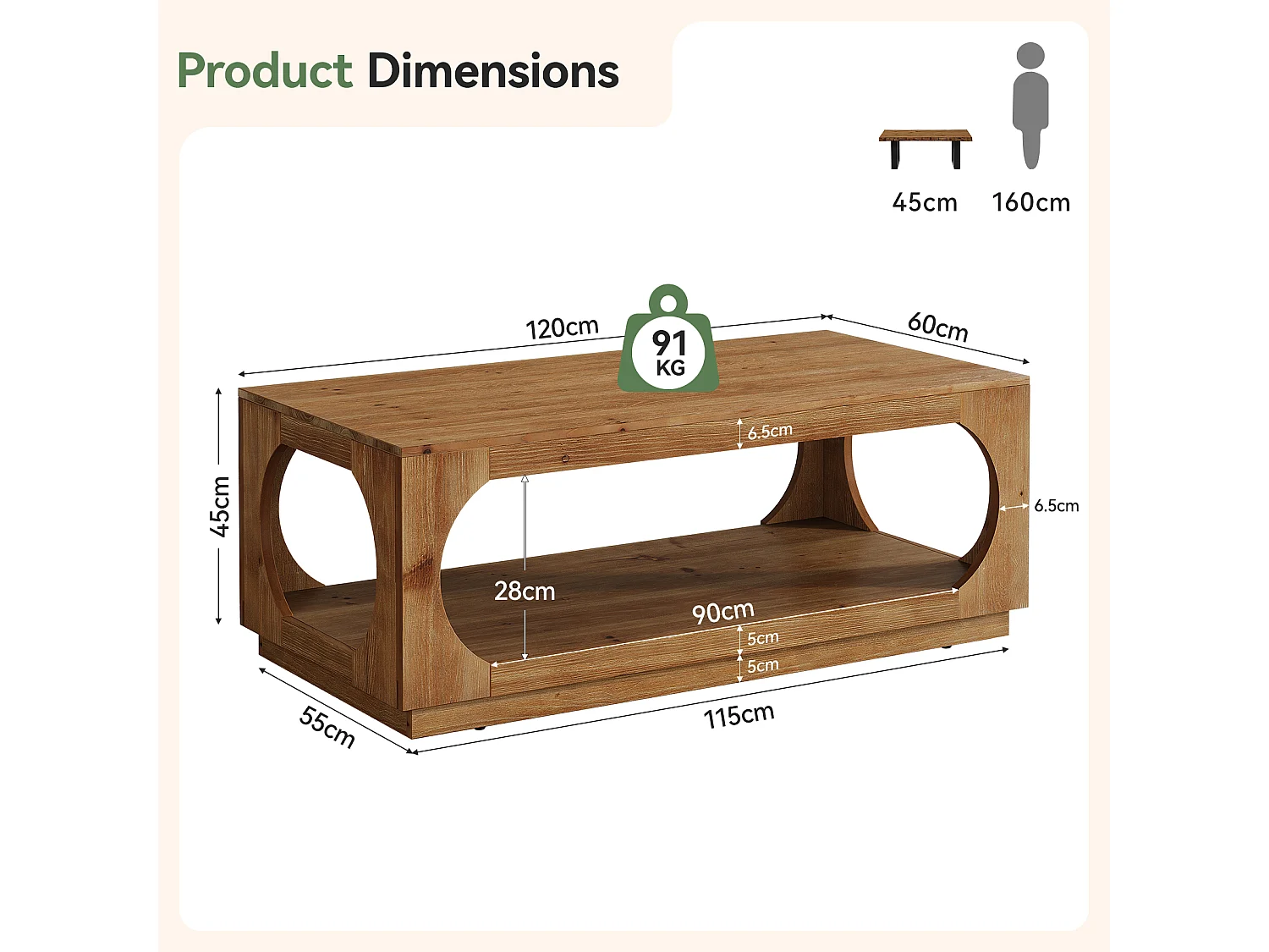 Table basse en bois massif, 120 cm, style campagnard, avec rangement pour salon, 2 niveaux