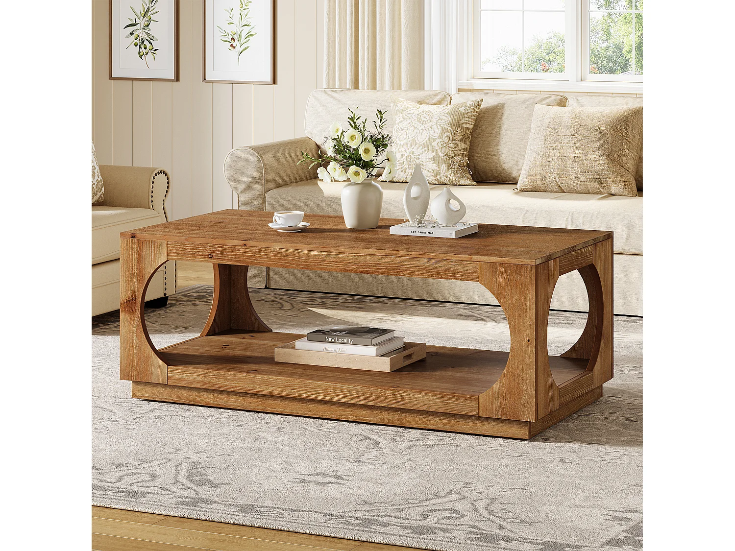 Table basse en bois massif, 120 cm, style campagnard, avec rangement pour salon, 2 niveaux