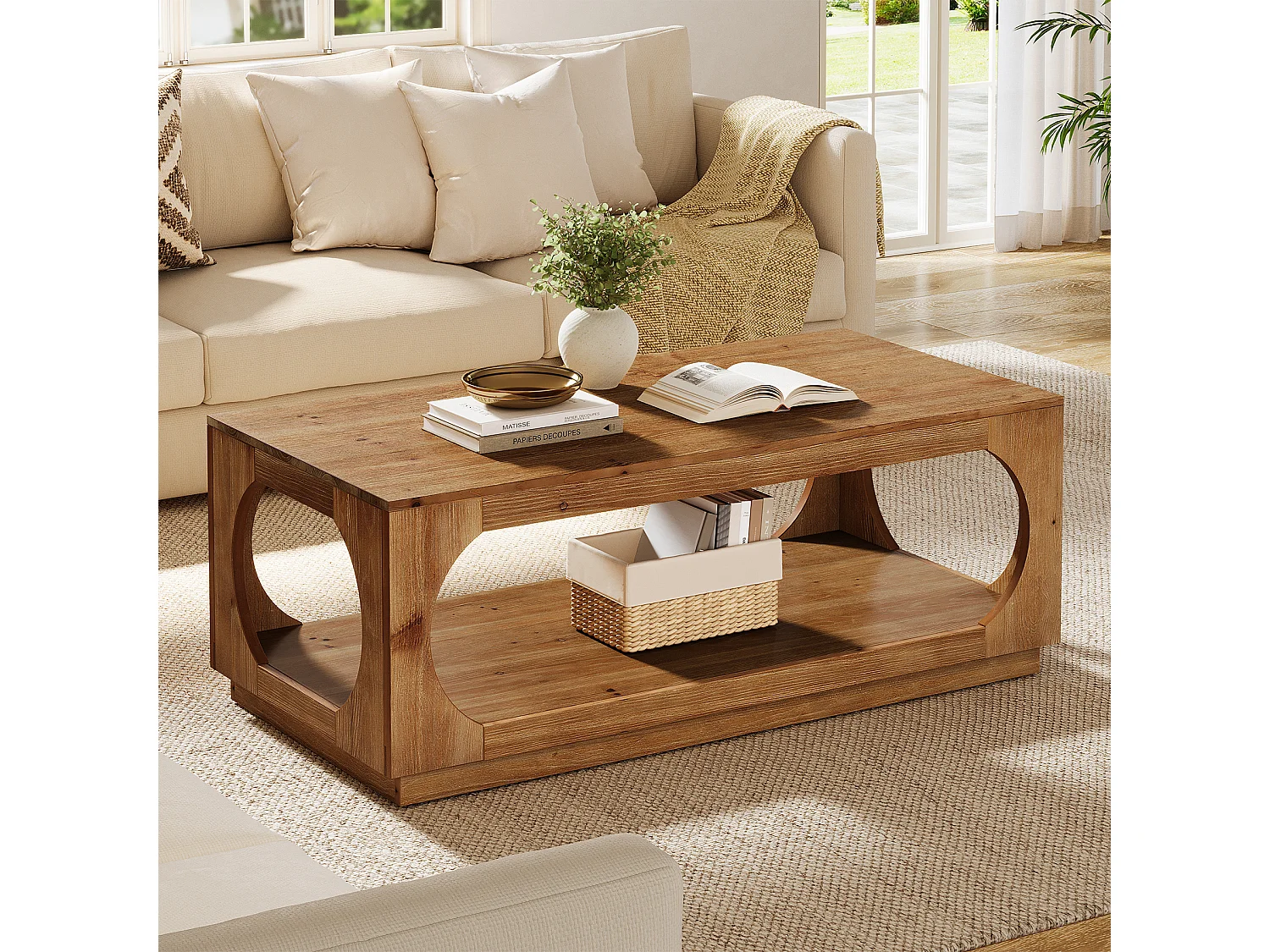 Table basse en bois massif, 120 cm, style campagnard, avec rangement pour salon, 2 niveaux