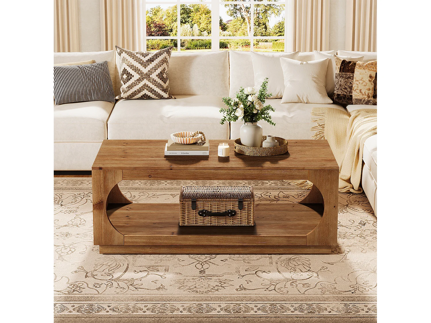 Table basse en bois massif, 120 cm, style campagnard, avec rangement pour salon, 2 niveaux