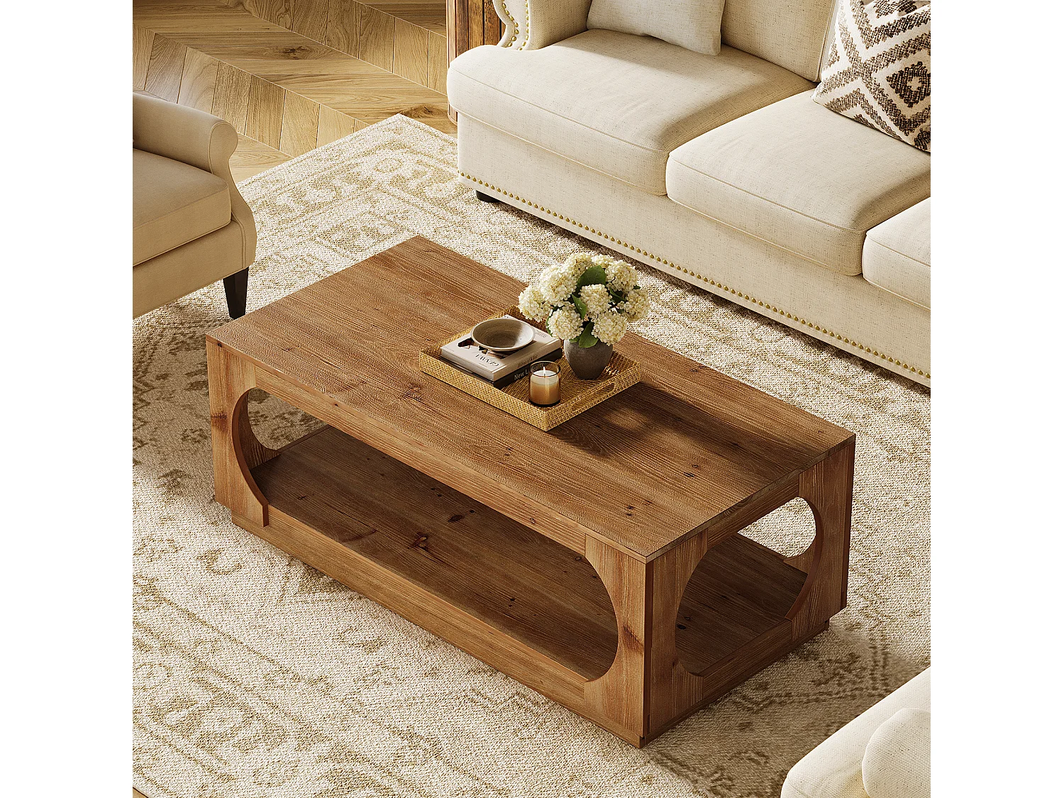 Table basse en bois massif, 120 cm, style campagnard, avec rangement pour salon, 2 niveaux