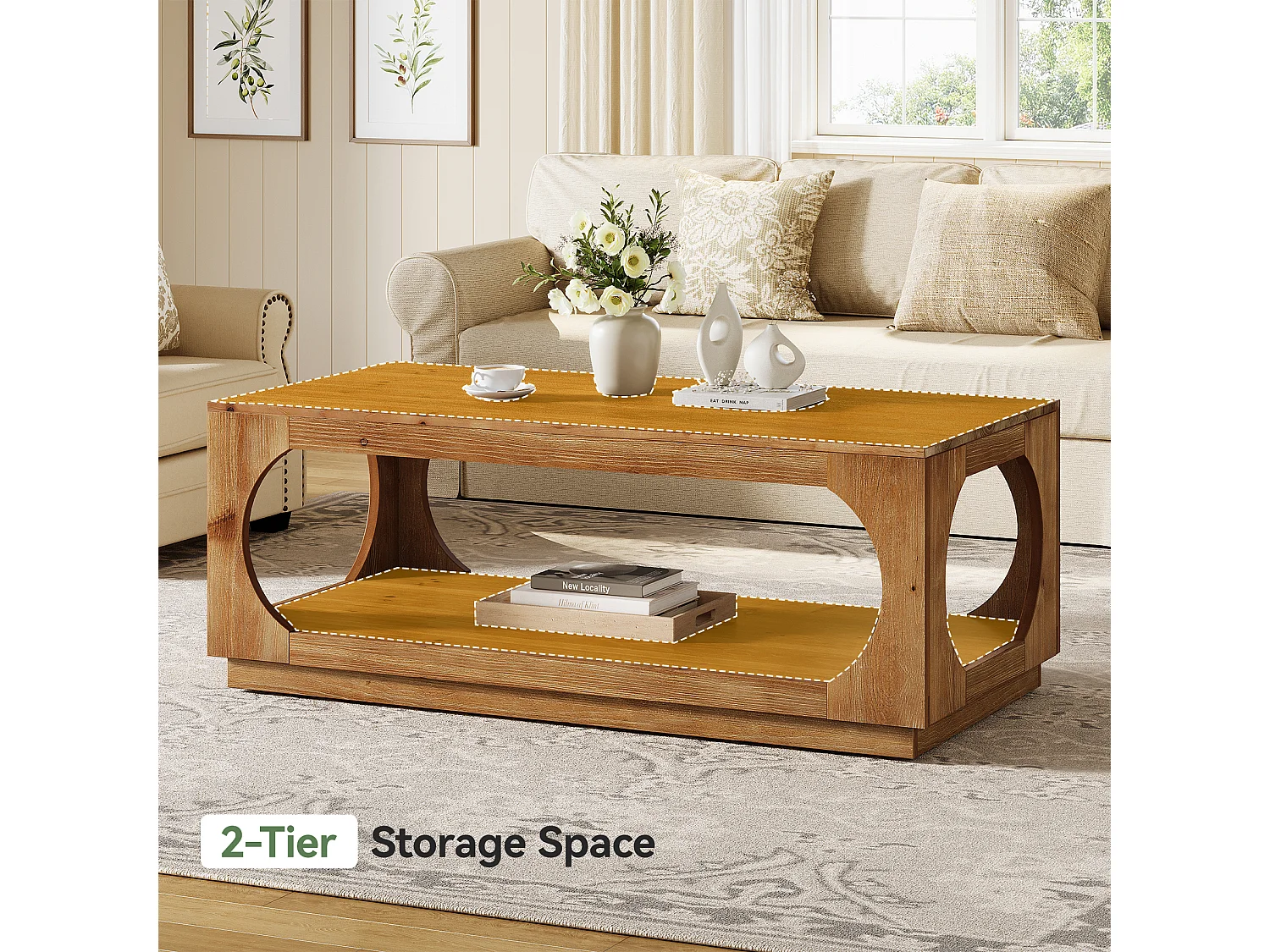 Table basse en bois massif, 120 cm, style campagnard, avec rangement pour salon, 2 niveaux