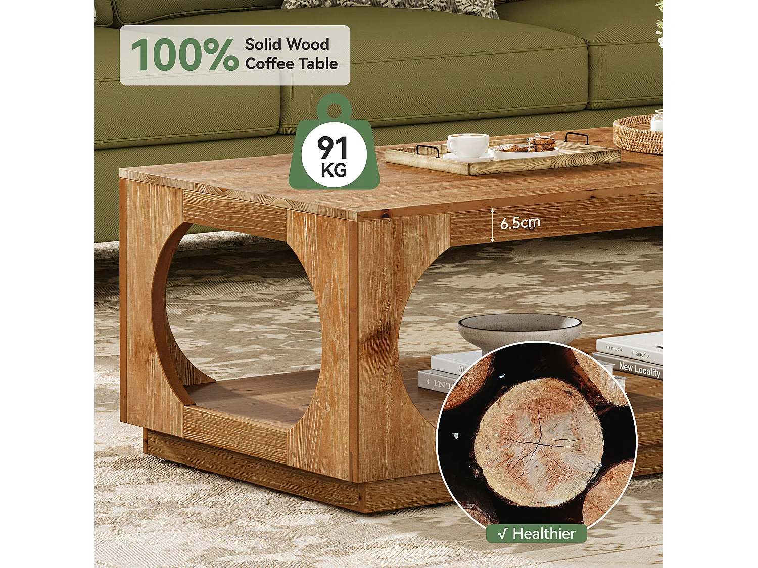 Table basse en bois massif, 120 cm, style campagnard, avec rangement pour salon, 2 niveaux
