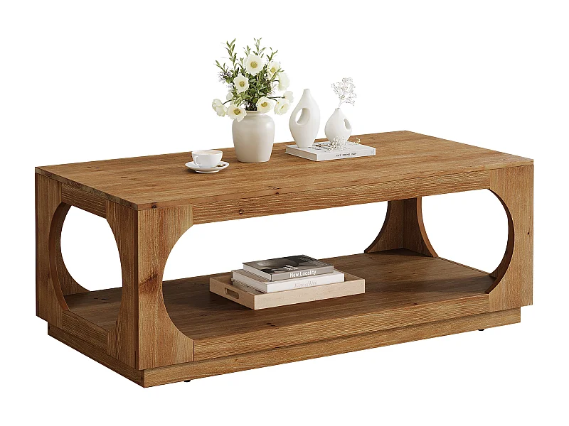 Table basse en bois massif, 120 cm, style campagnard, avec rangement pour salon, 2 niveaux
