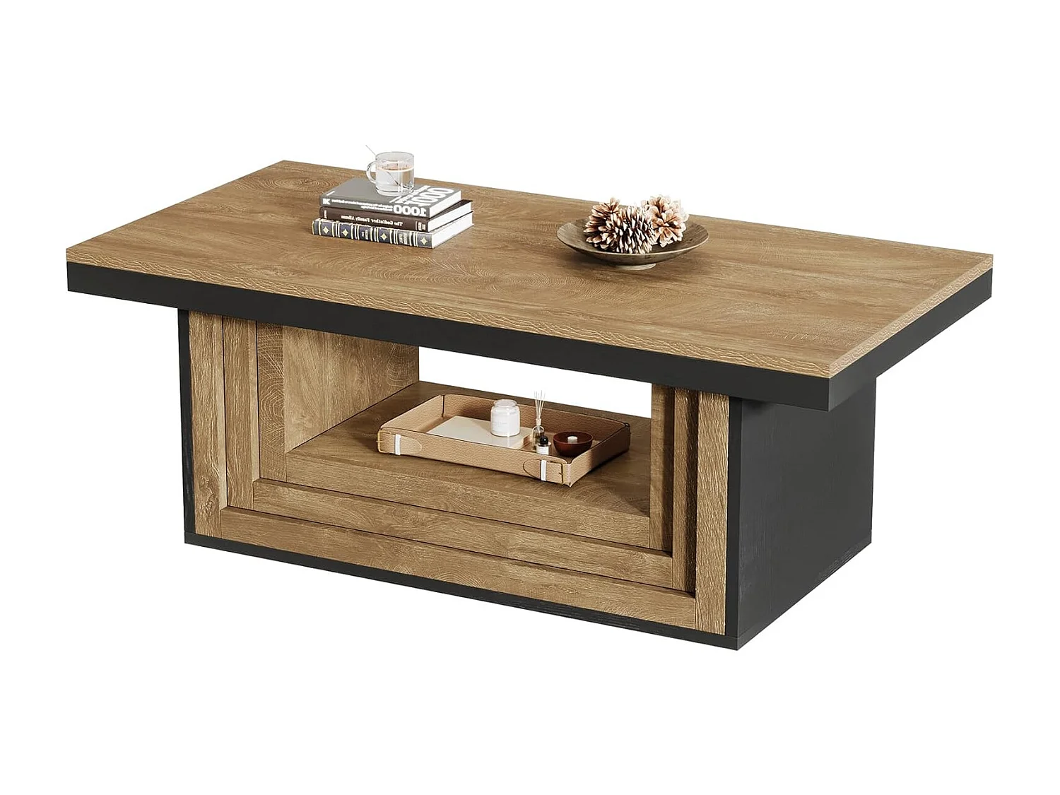 Table basse rectangulaire avec rangement ouvert, table basse rustique cannelée de 120 cm