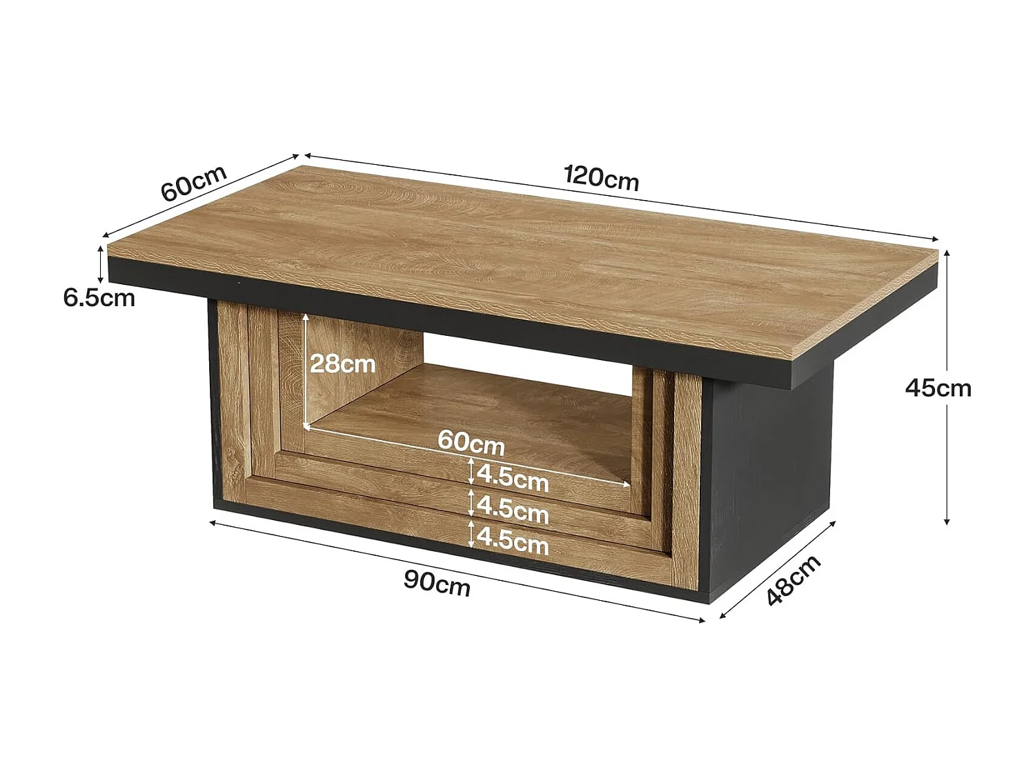 Table basse rectangulaire avec rangement ouvert, table basse rustique cannelée de 120 cm