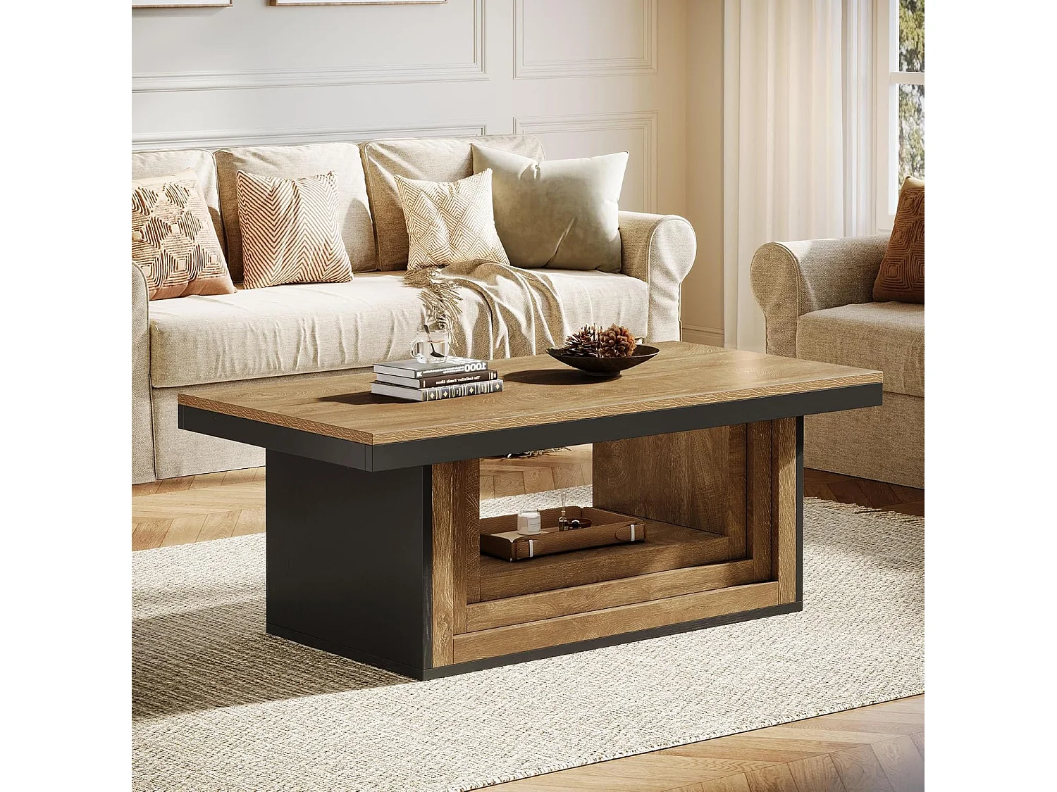 Table basse rectangulaire avec rangement ouvert, table basse rustique cannelée de 120 cm