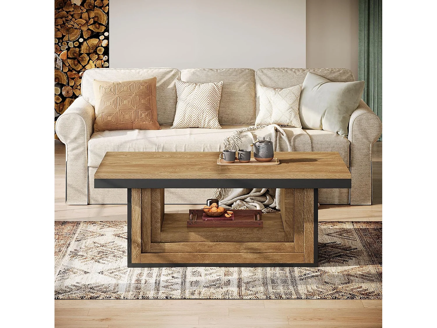 Table basse rectangulaire avec rangement ouvert, table basse rustique cannelée de 120 cm