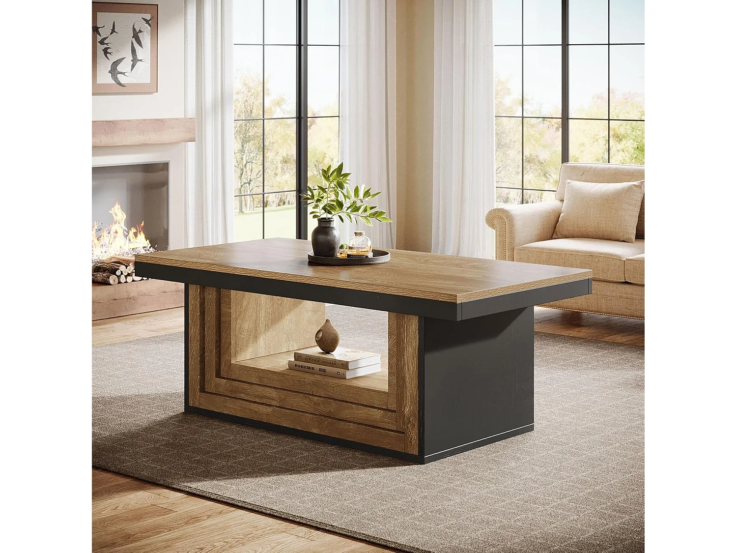Table basse rectangulaire avec rangement ouvert, table basse rustique cannelée de 120 cm
