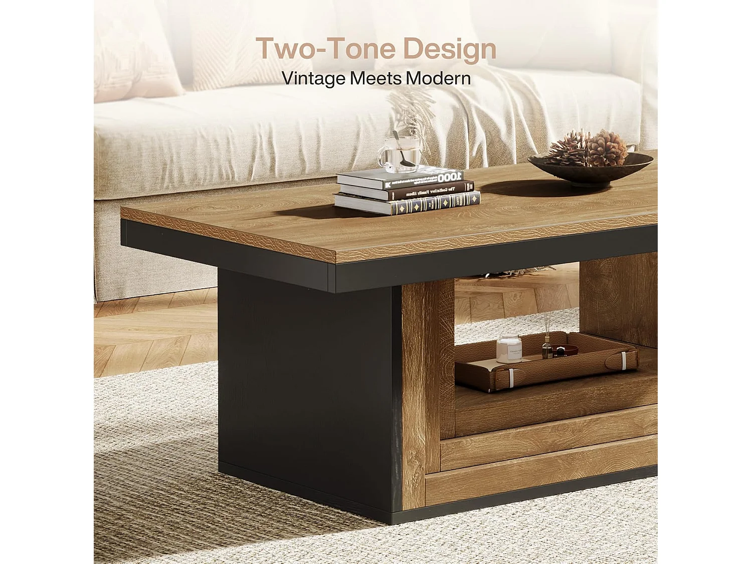 Table basse rectangulaire avec rangement ouvert, table basse rustique cannelée de 120 cm