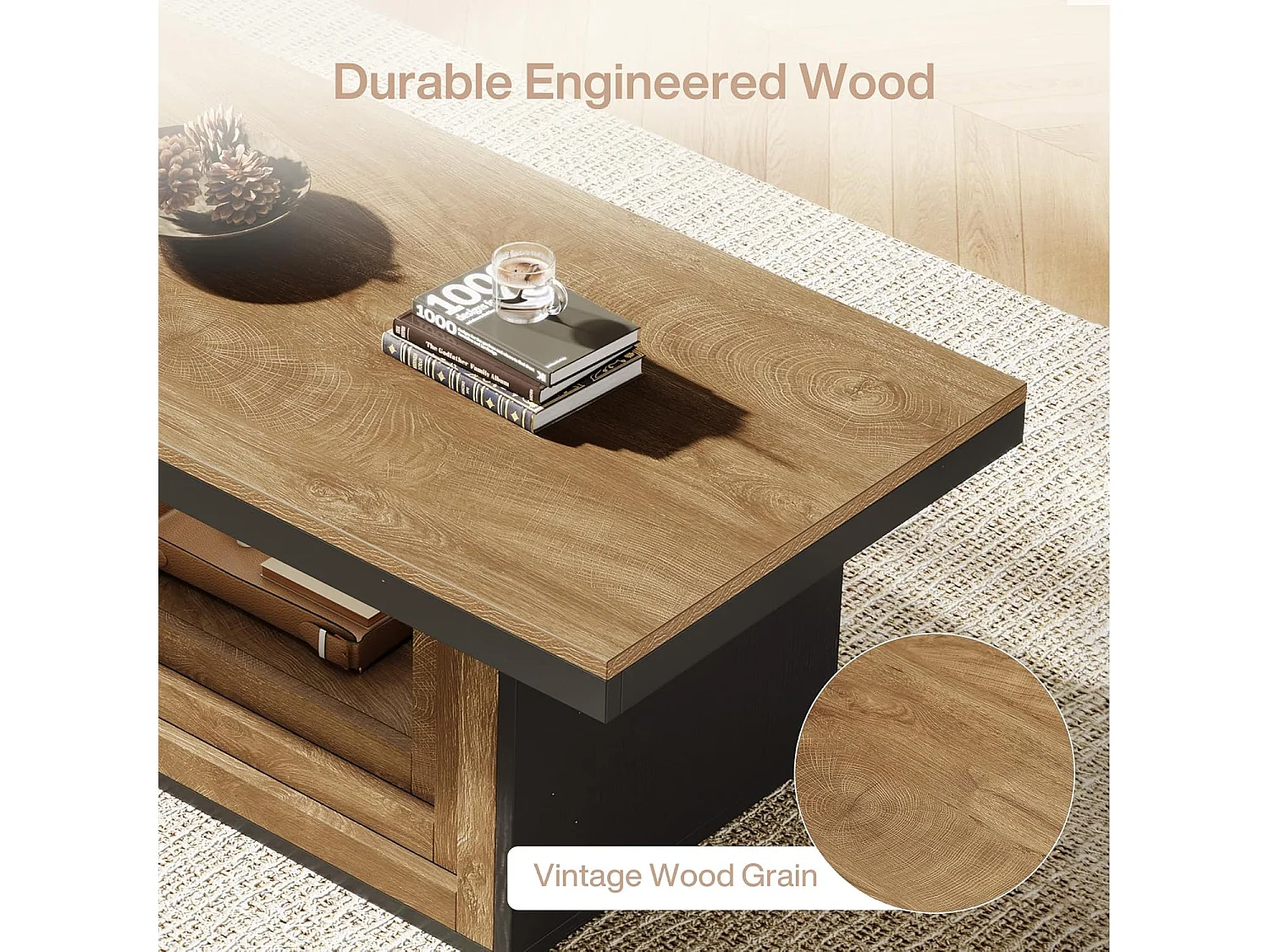 Table basse rectangulaire avec rangement ouvert, table basse rustique cannelée de 120 cm