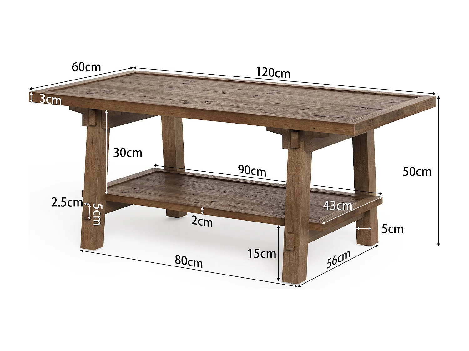 Table basse de salon, table basse de style campagnard de 120 cm avec pieds robustes