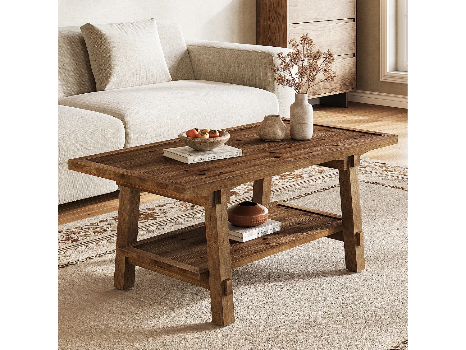 Table basse de salon, table basse de style campagnard de 120 cm avec pieds robustes