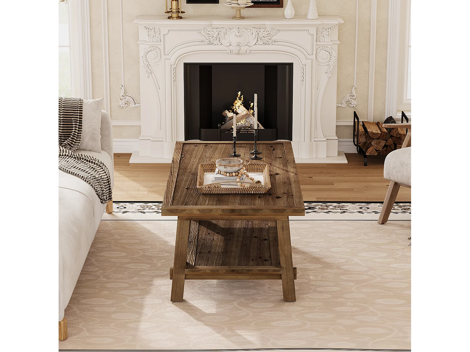 Table basse de salon, table basse de style campagnard de 120 cm avec pieds robustes