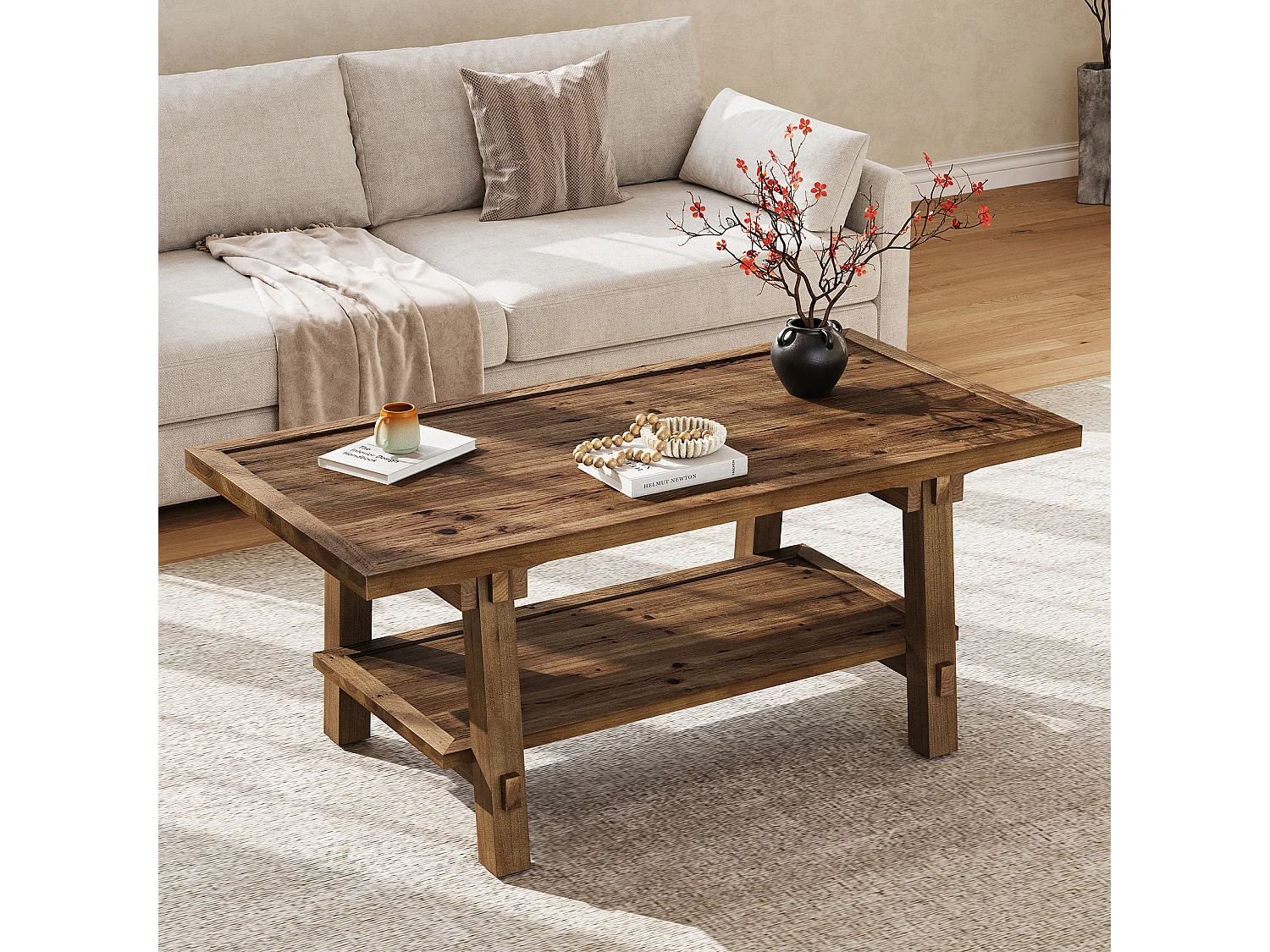 Table basse de salon, table basse de style campagnard de 120 cm avec pieds robustes