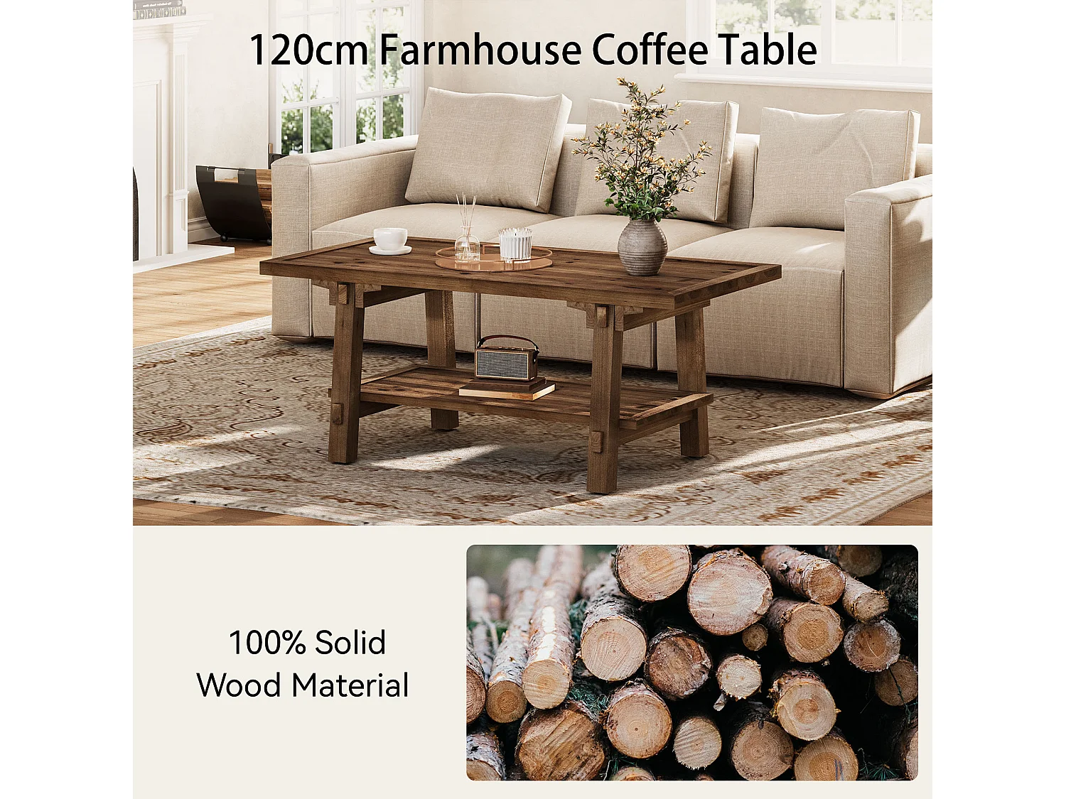 Table basse de salon, table basse de style campagnard de 120 cm avec pieds robustes