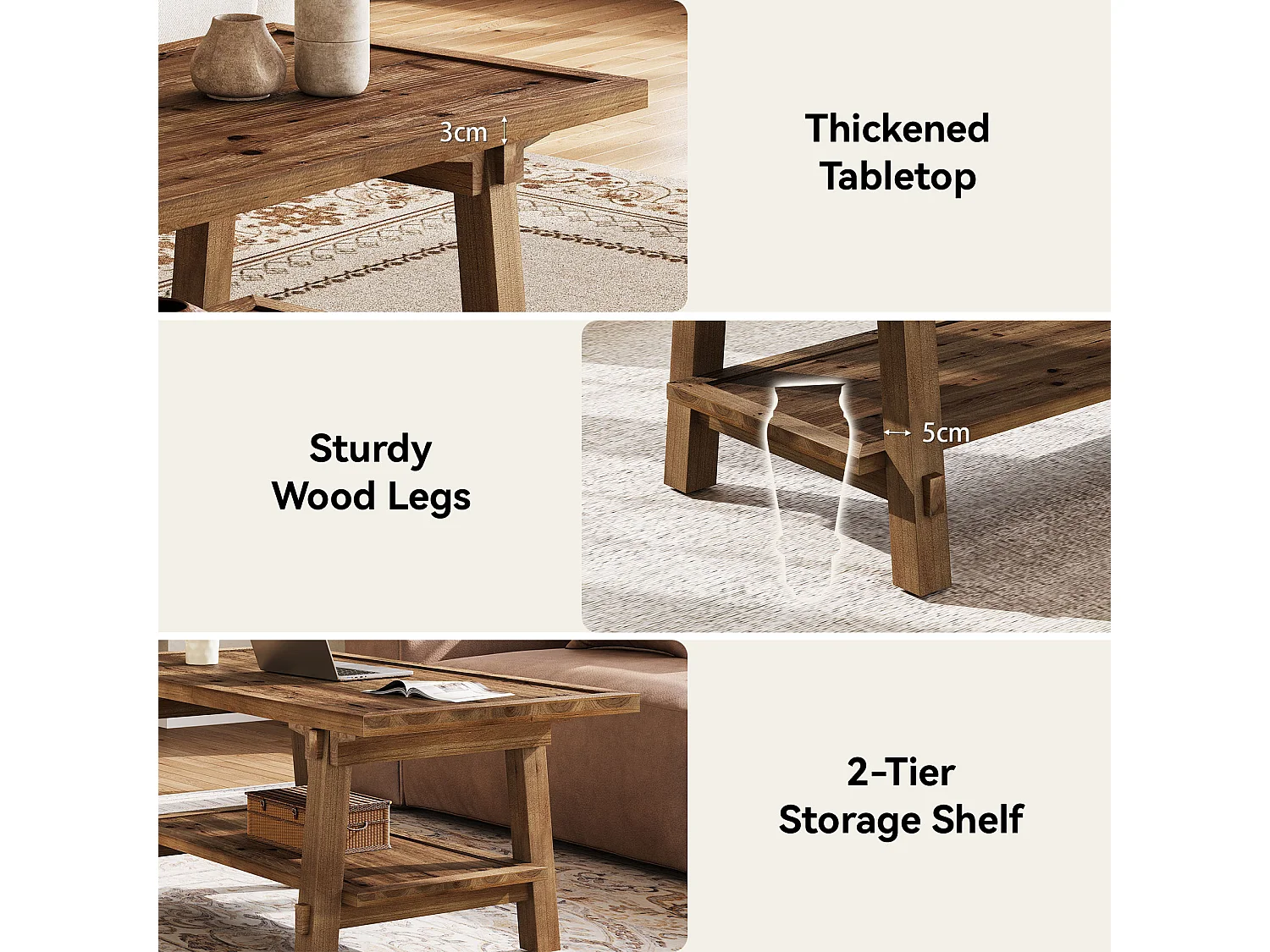 Table basse de salon, table basse de style campagnard de 120 cm avec pieds robustes