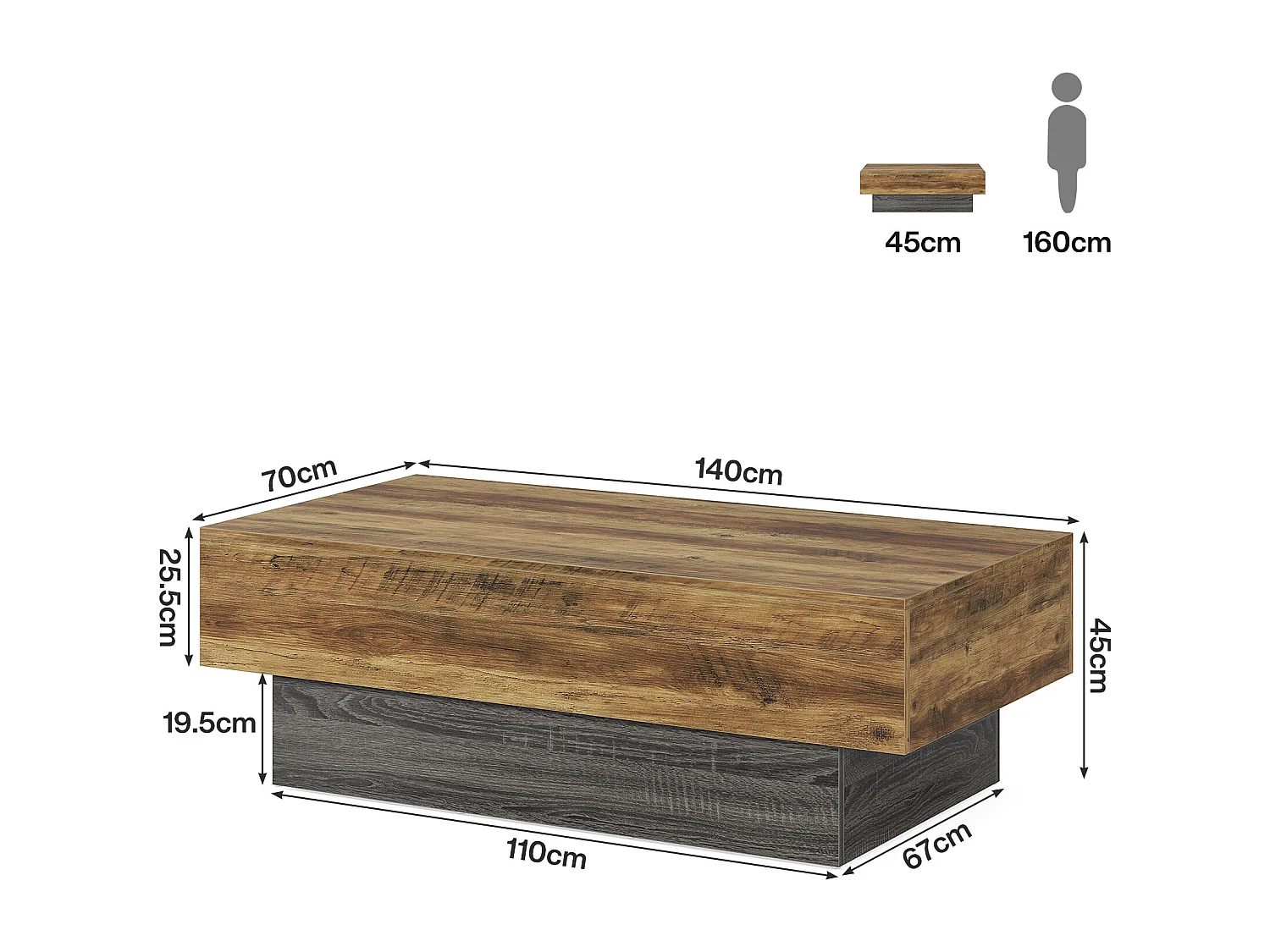 Table basse de style campagnard de 140 cm, grande table à thé rectangulaire pour salon