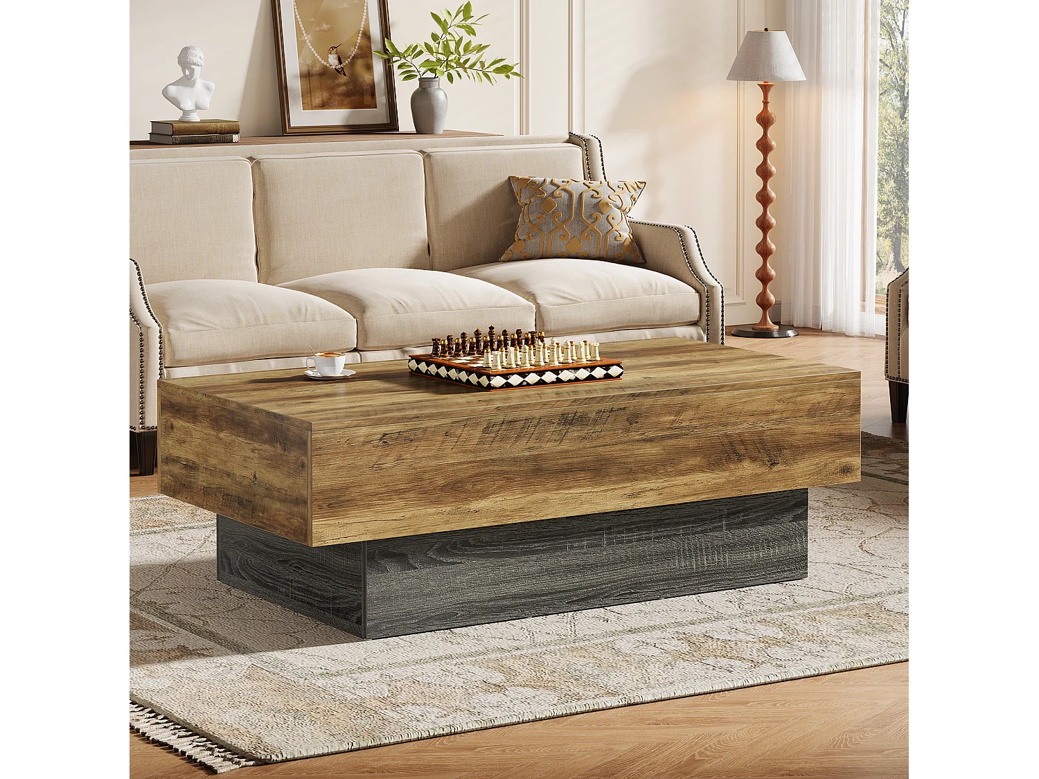 Table basse de style campagnard de 140 cm, grande table à thé rectangulaire pour salon