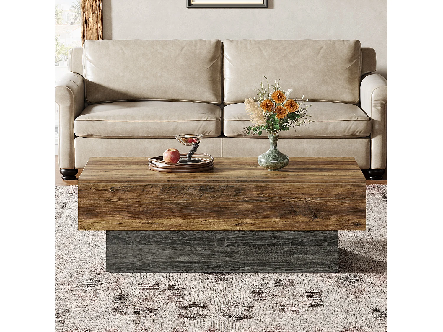 Table basse de style campagnard de 140 cm, grande table à thé rectangulaire pour salon