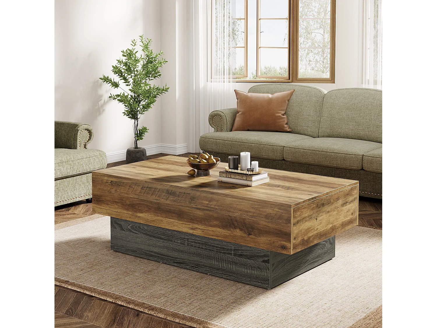 Table basse de style campagnard de 140 cm, grande table à thé rectangulaire pour salon
