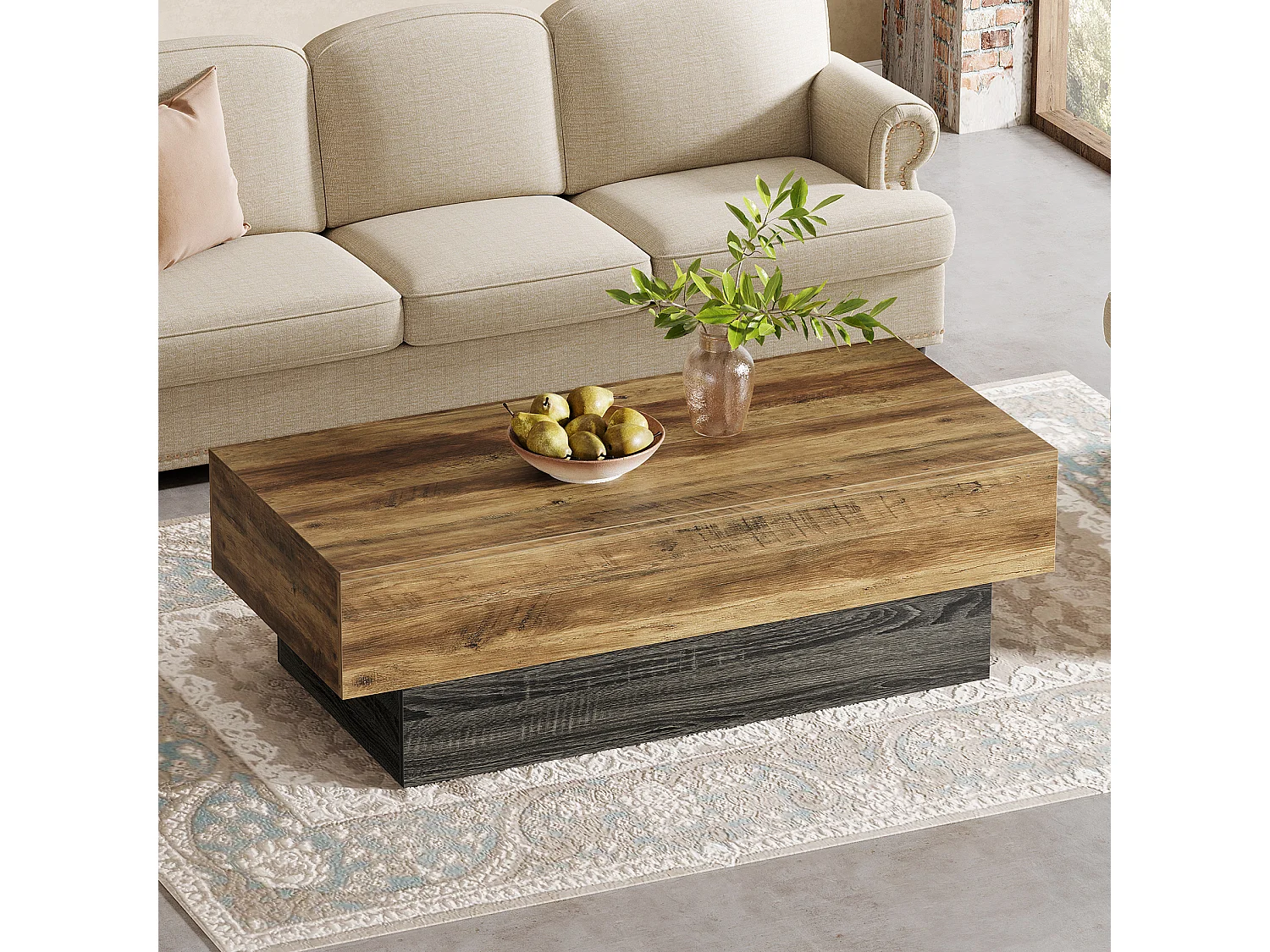 Table basse de style campagnard de 140 cm, grande table à thé rectangulaire pour salon