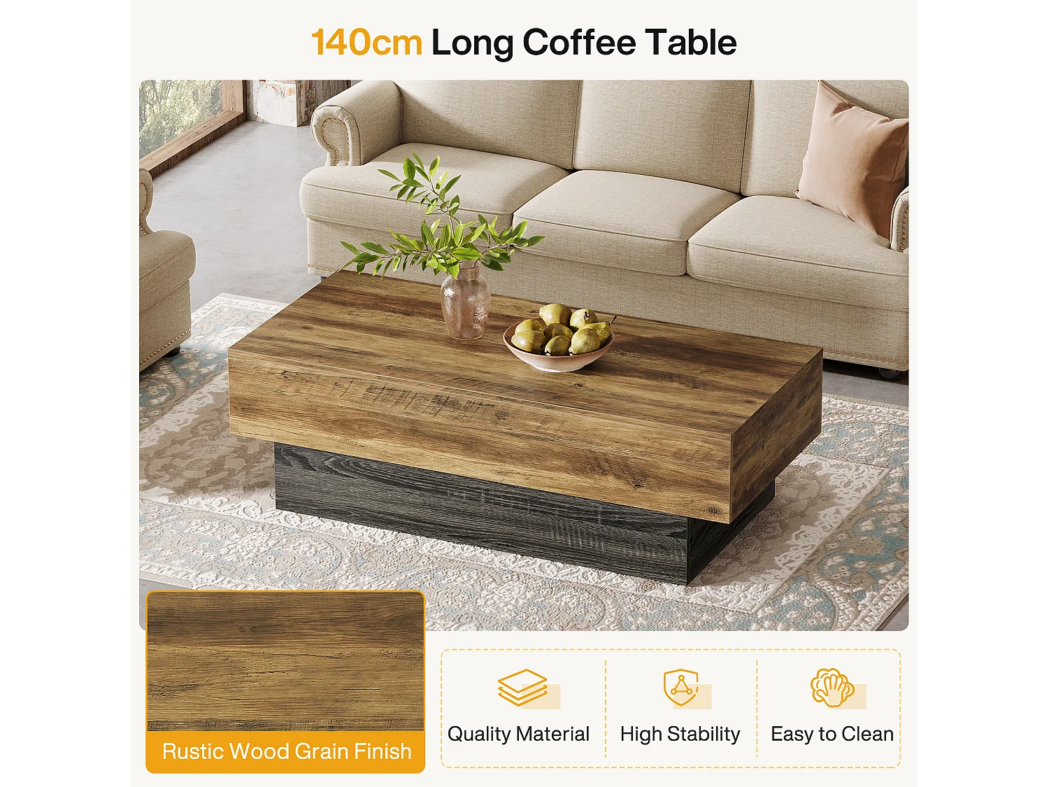 Table basse de style campagnard de 140 cm, grande table à thé rectangulaire pour salon