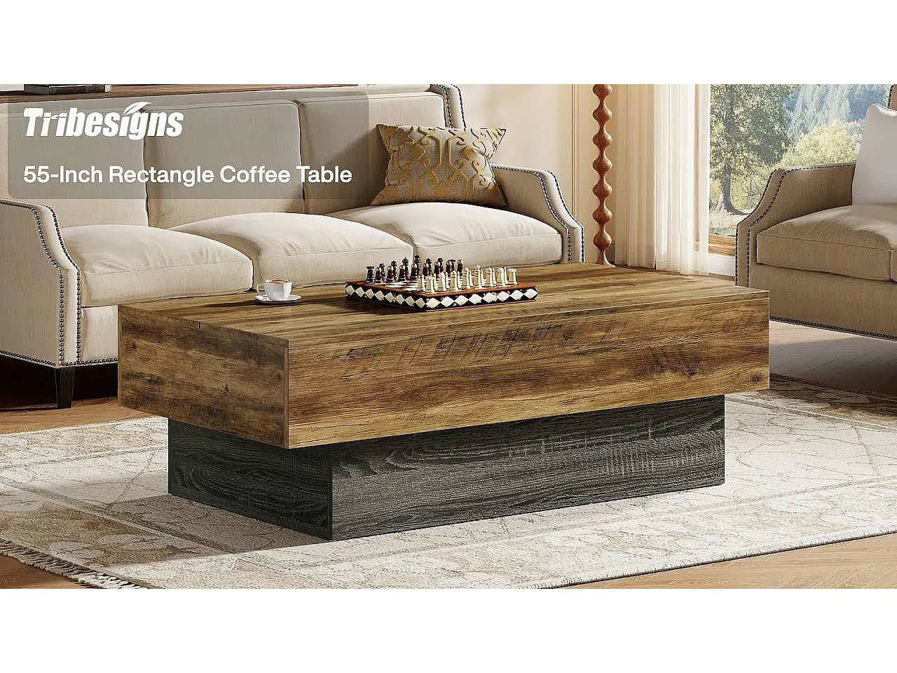 Table basse de style campagnard de 140 cm, grande table à thé rectangulaire pour salon