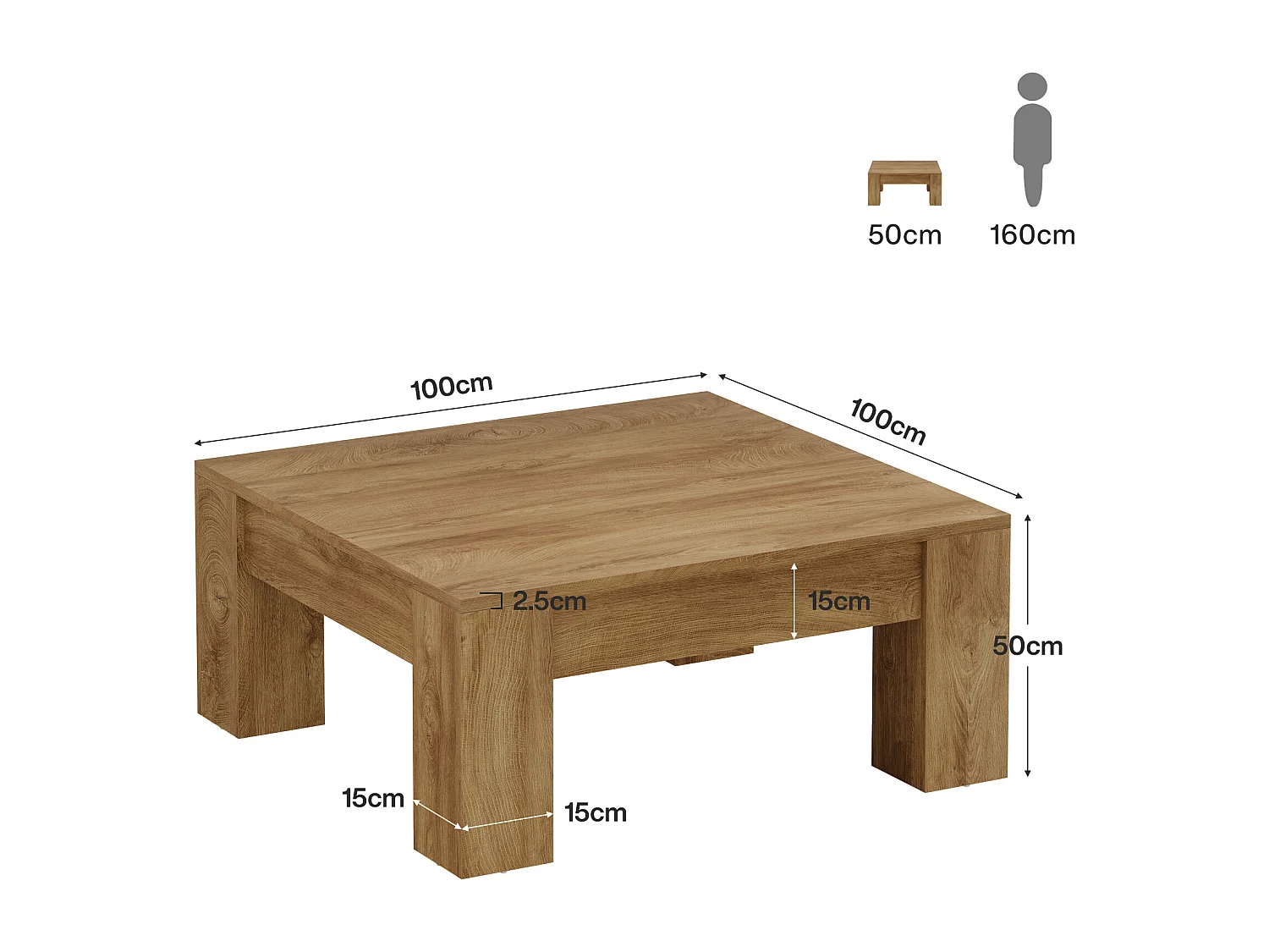 Table basse carrée, table basse de style campagnard en bois de 100 cm avec pieds robustes