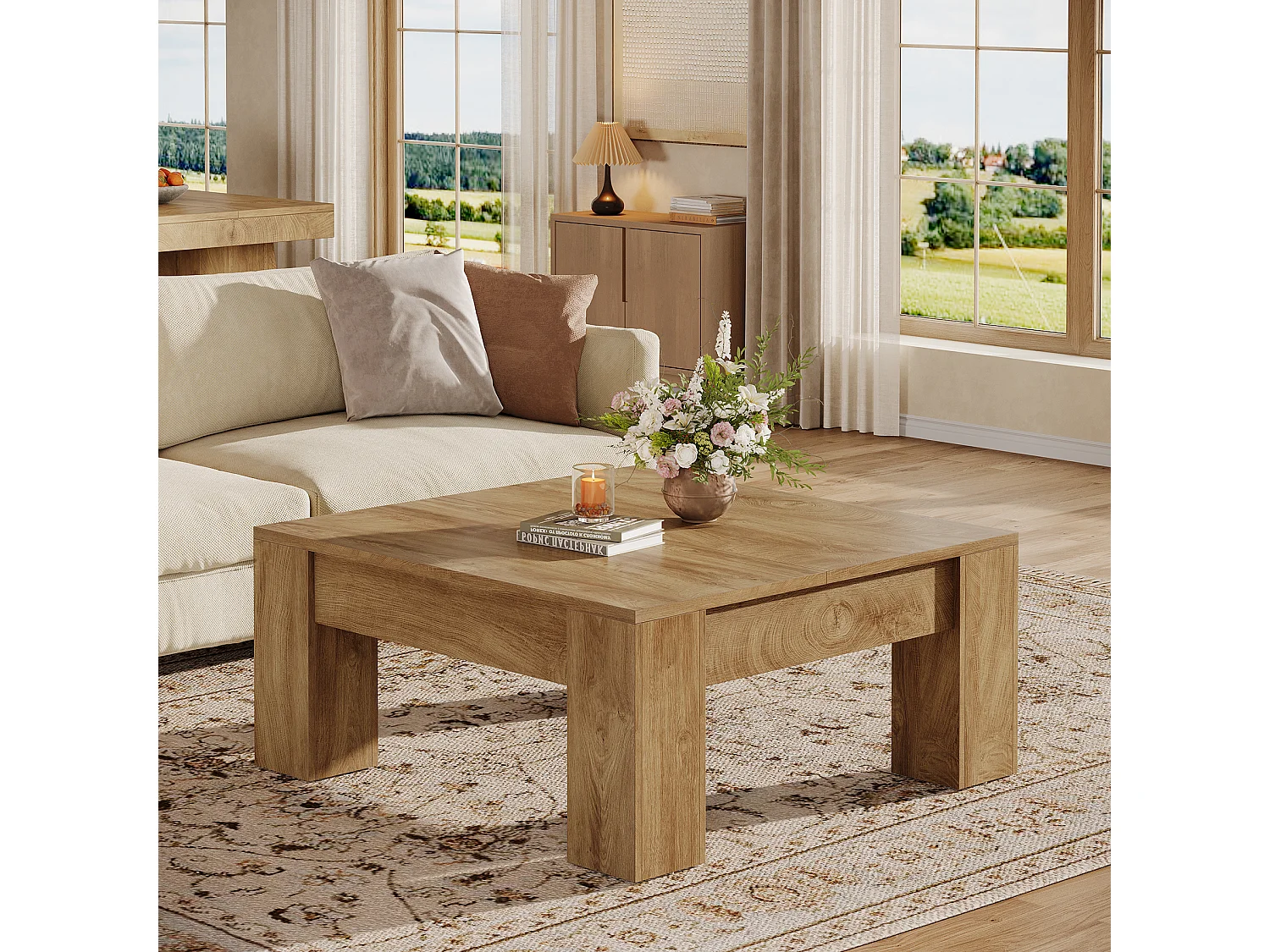 Table basse carrée, table basse de style campagnard en bois de 100 cm avec pieds robustes