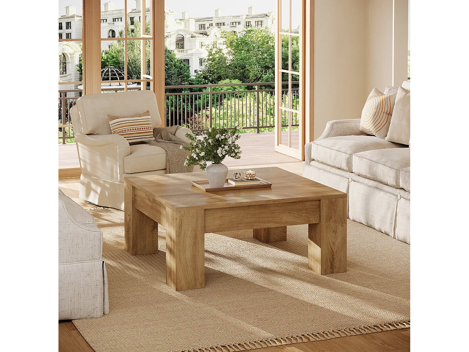 Table basse carrée, table basse de style campagnard en bois de 100 cm avec pieds robustes